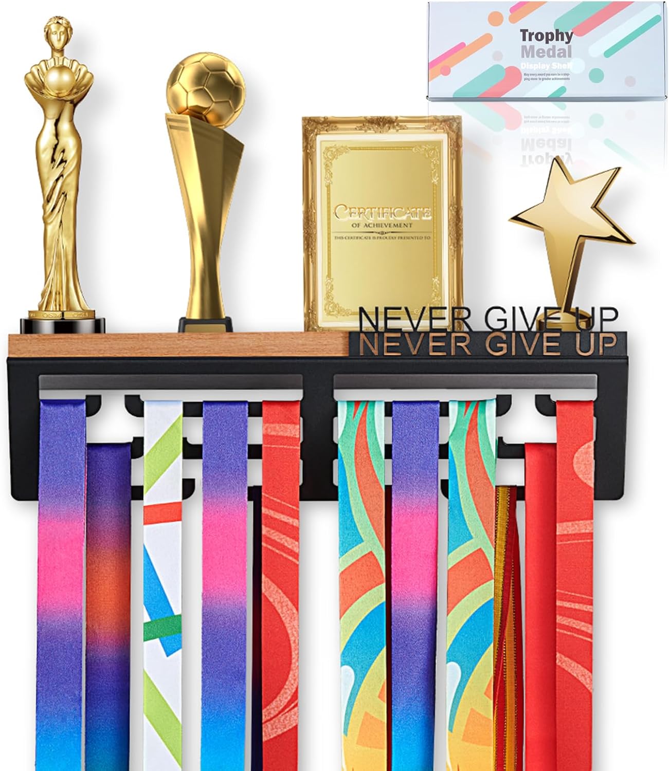 Medal Hanger Display & Trophy Shelf Combo - Unique 5.3" Deep Design for Large Trophies | Never Give Up Soccer Wall Decor