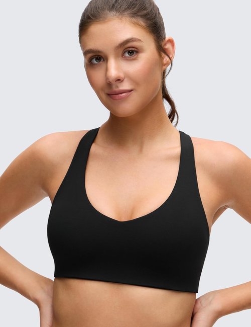 CRZ YOGA Butterluxe Racerback Sports Bra - Supportive Padded Wireless V-Neck Crop Top for Women