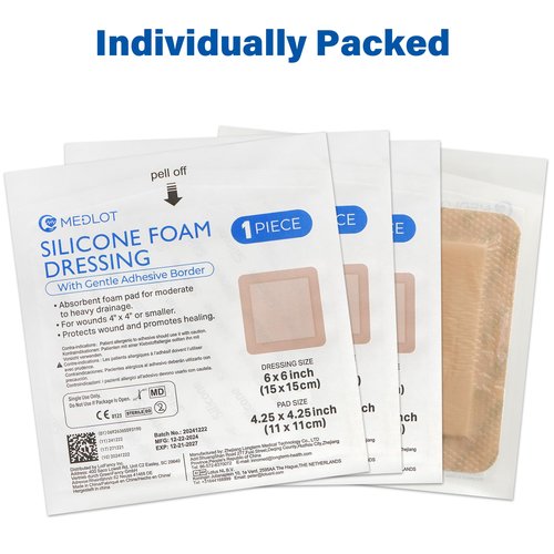 LotFancy Silicone Foam Dressing, 6"x 6" (4.3" x 4.3" Pad), 10 Count, Medical Sterile Wound Dressing with Border, Bed Sores, Pressure Ulcers Healing Bandage Pad, Highly Absorbent, Waterproof