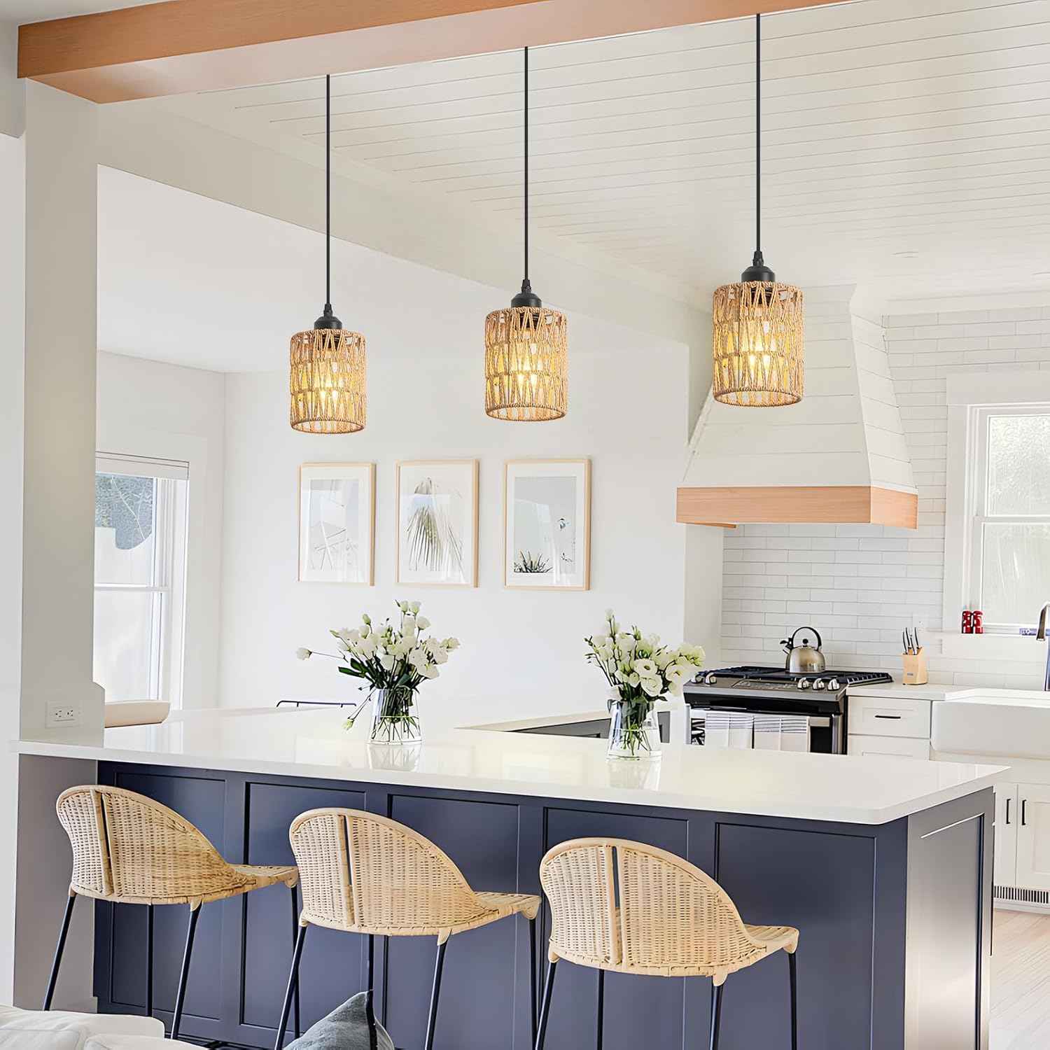 Rattan Chandelier Pendant Lights - 3 Pack Adjustable Height Boho Farmhouse Ceiling Fixtures for Kitchen & Dining Room