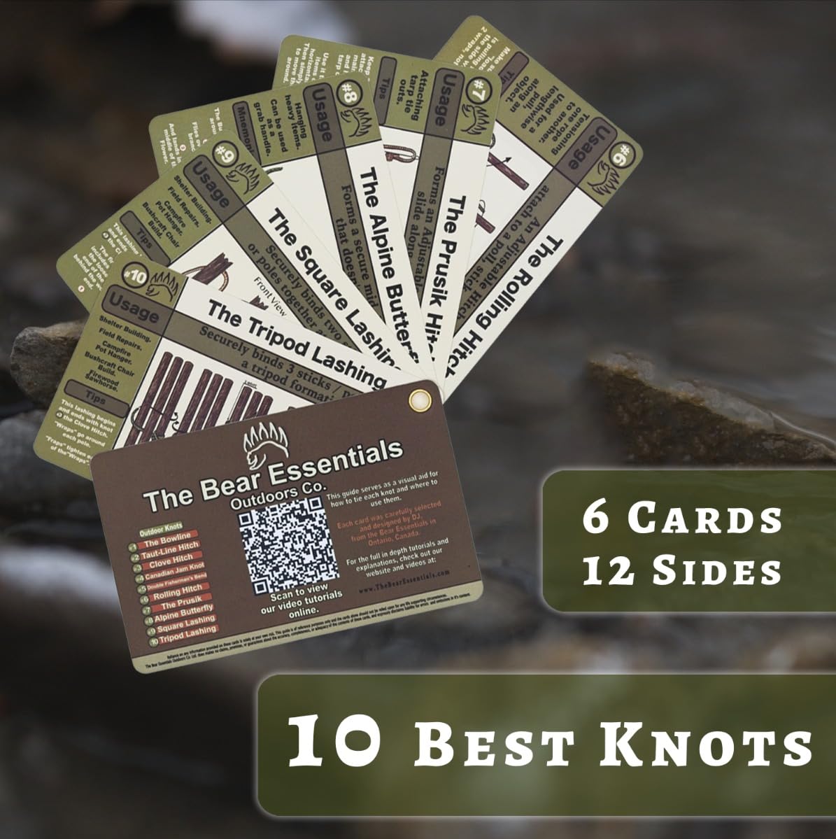 The Bear Essentials Outdoors Knots Tying Kit, includes Waterproof Knot Tying Cards, 2 Practice Ropes, Bushcraft Tin, Burlap Sack | for Outdoor Survival, Backpacking, Hiking & Scouts - Regular Kit