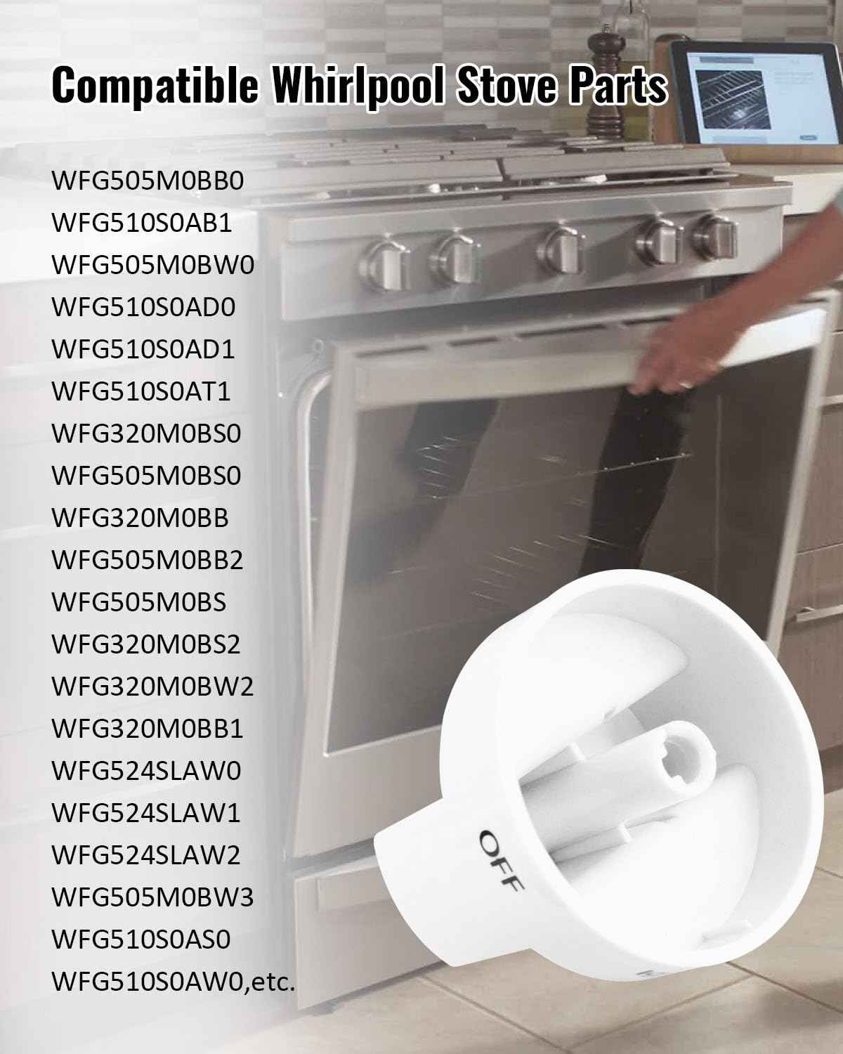 4Pack Fit for Whirlpool Gas Stove Knobs Replace #WPW10339443 AP6019878 2311009 PS11753189 PS3507189 White Stove Knobs Replacements Range Oven Knobs Part Upgraded