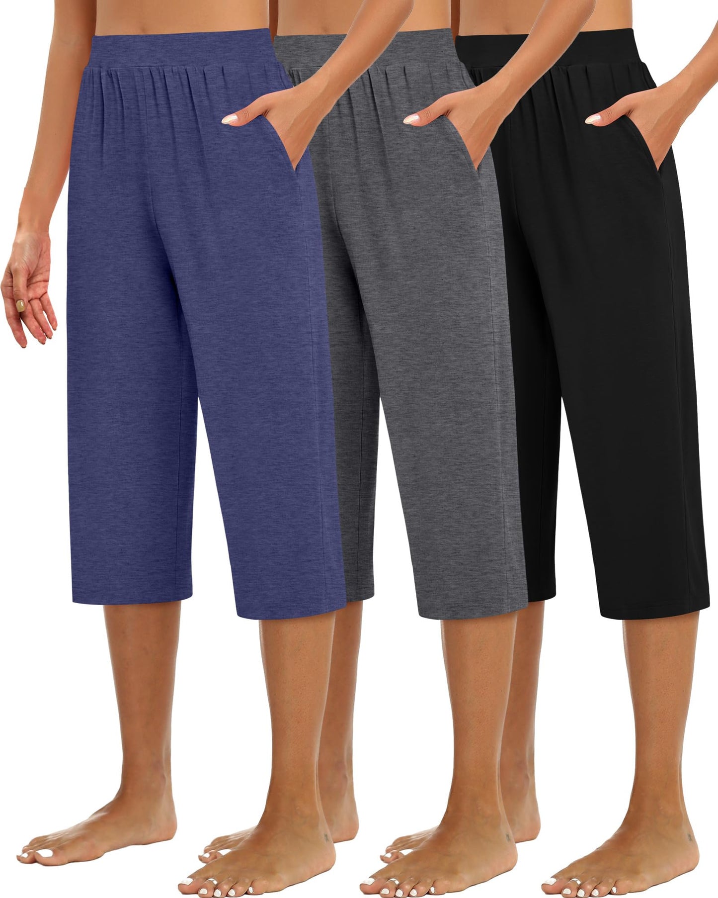 Huukeay 3 Pack Women's Capri Sweatpants Cozy Wide Legs Cropped Capri with Pockets Lounge Jogger Pants Workout Yoga Solid(Large,Black,Grey,Dark Blue)