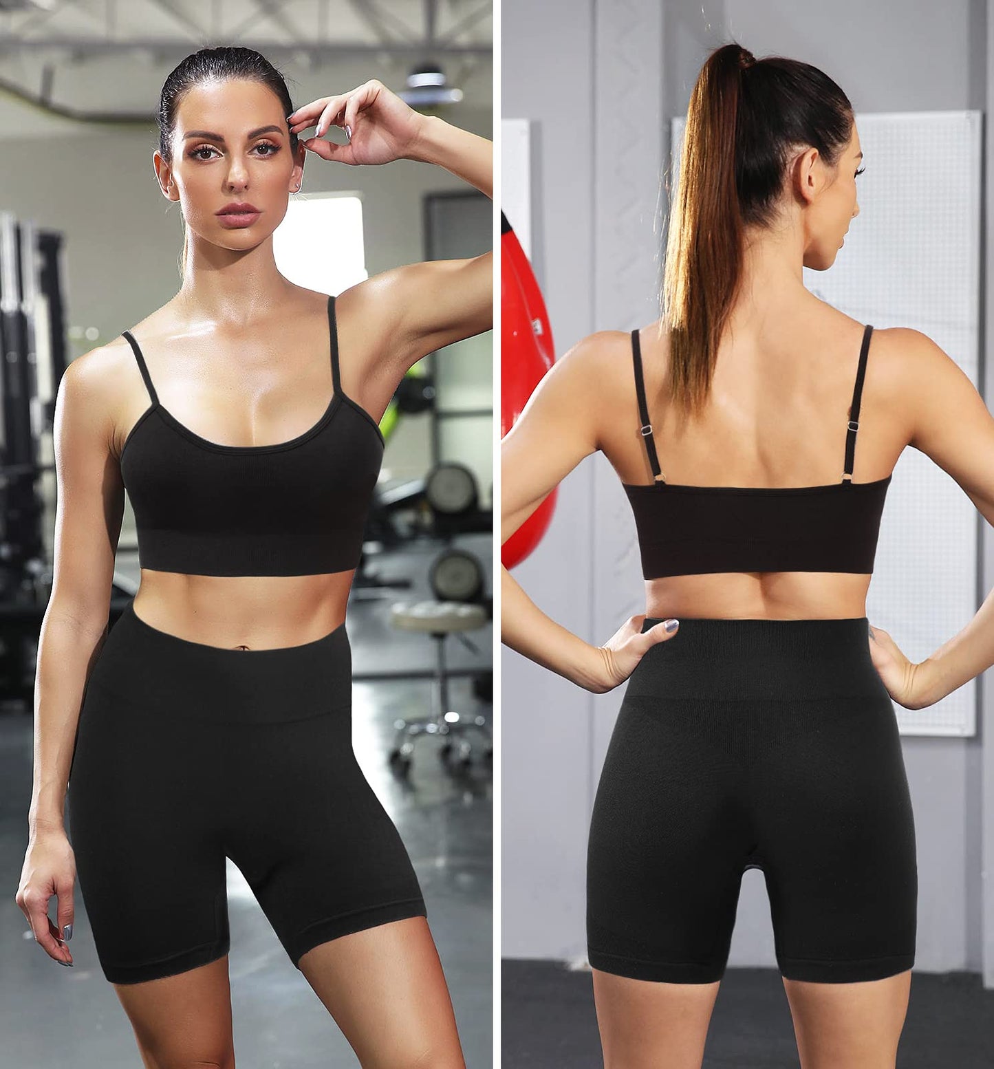 Ourgifts Workout Sets for Women 2 Piece Outfits Gym Shorts Women High Waisted with Adjustable Padded Sports Bra Gym Sets（A0010L-Black