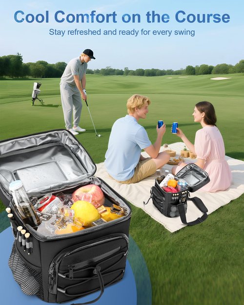 SKYJDM 14-Can Golf Cart Expandable Cooler Bag, Soft Insulated Cooler Bag with Hook-and-Loop Lid & Golf Tees Holder for Camping & Outdoor Activities, Fits on Golf Push Cart(Black)