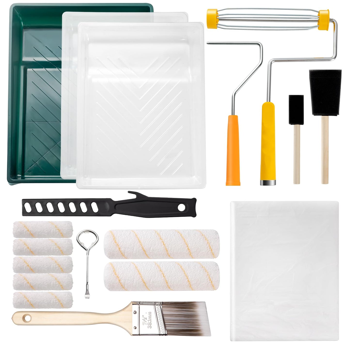 YiBaiBrush Paint Roller Kit, 18 Pack Paint Roller Set, 9 Inch Paint Roller, 4 Inch Paint Rollers with Frame, Paint Brushes for Walls, Paint Tray with Liners, Paint Supplies for Painting Walls