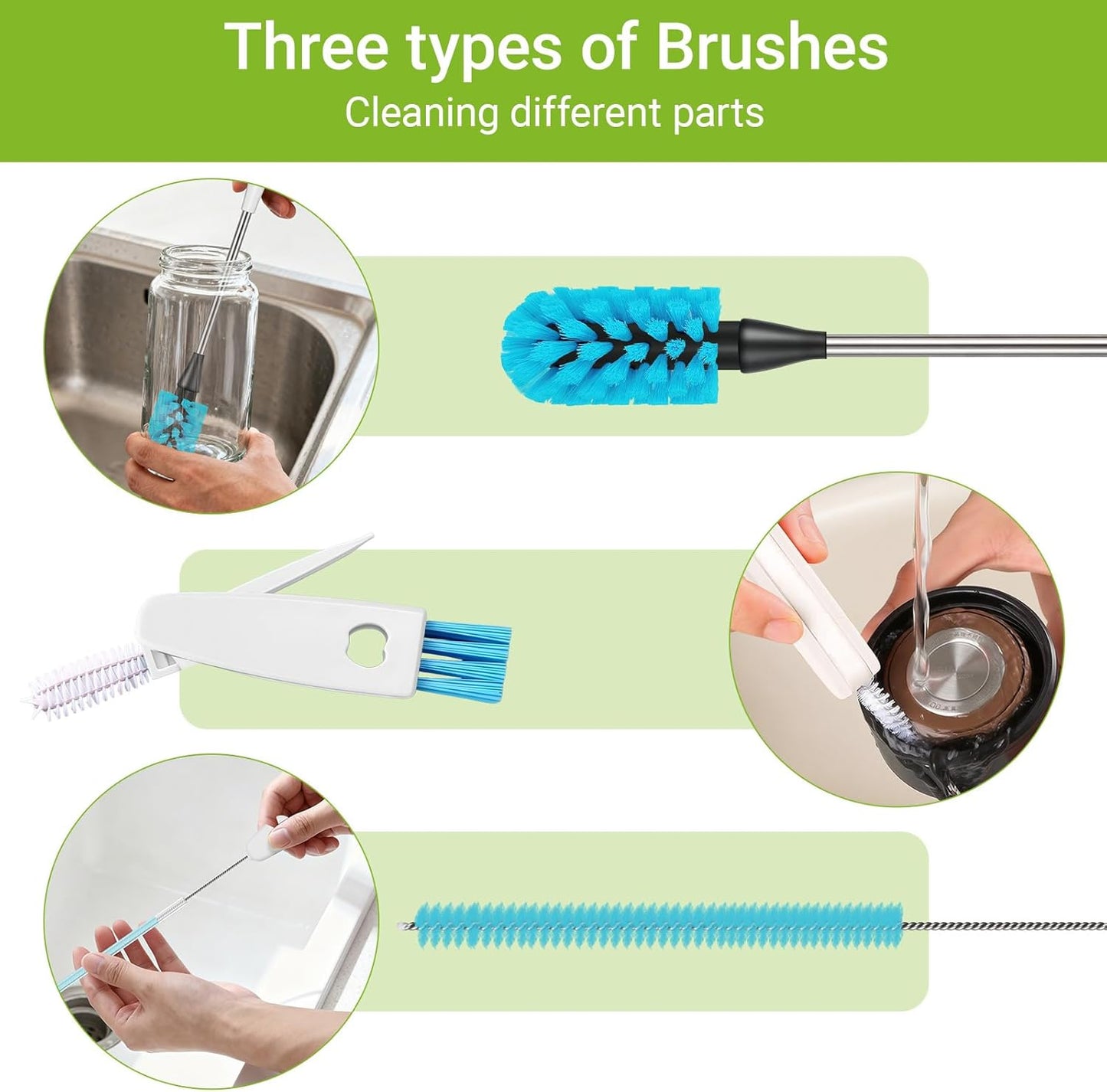 Skiennix 3-in-1 Bottle Brush - 15-Inch Long Handle for Easy Cleaning of Wine Glasses, Tumblers & More