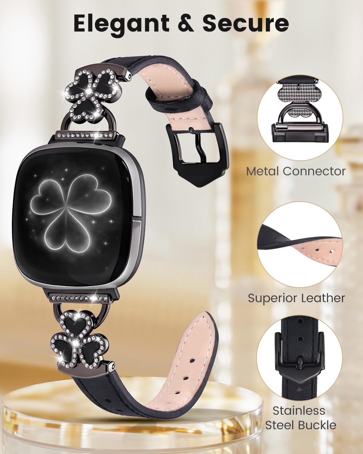 Leather Bands Compatible with Fitbit Versa 4/Fitbit Versa 3 /Fitbit Sense/Sense 2 Bands for Women, Bling Slim Leather Strap with Designer Three Hearts Design Buckle Strap for Fitbit Versa 4 Band (Black/Black)