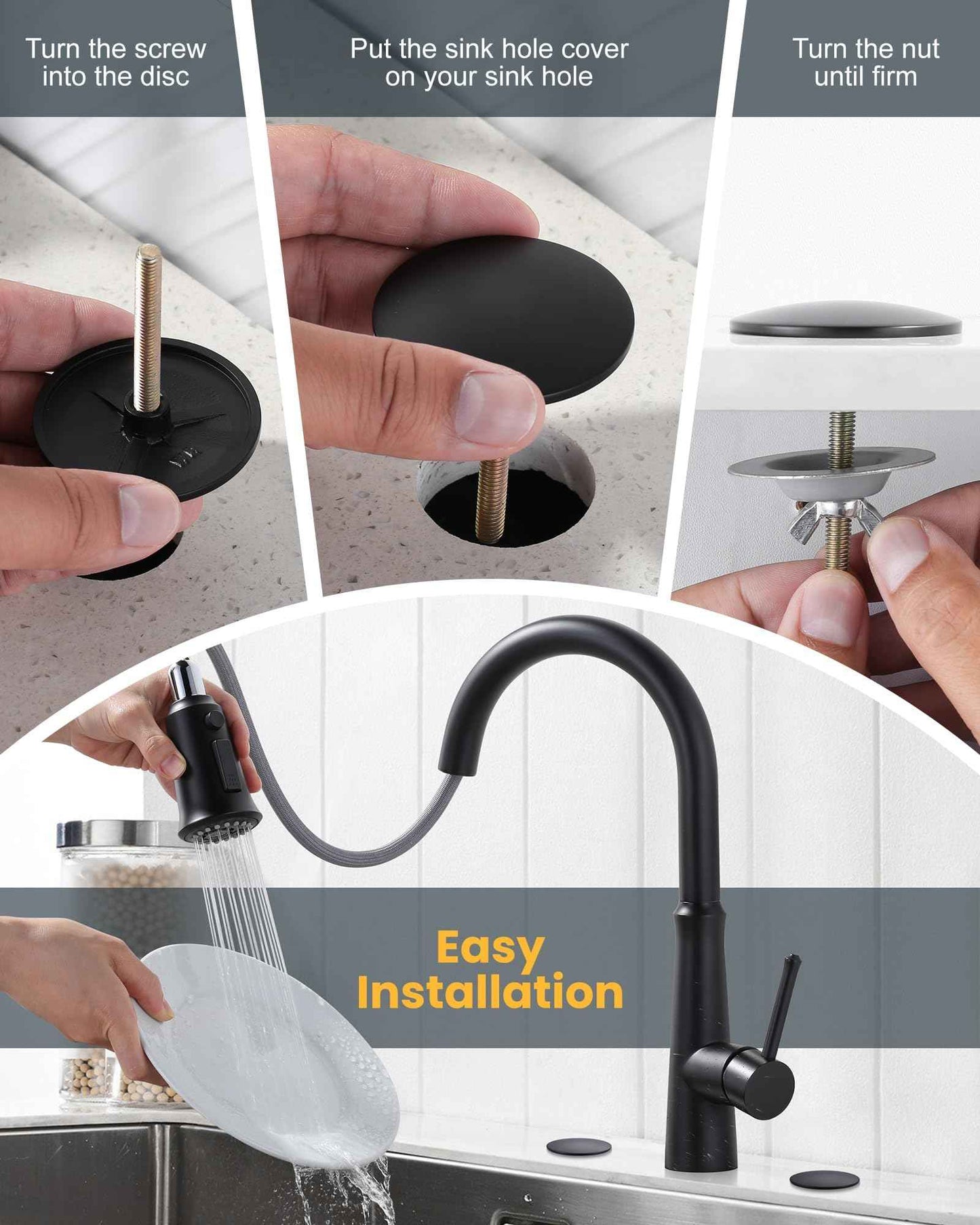 Brass Metal Faucet Hole Cover, 2-PCs Plug for Sink Countertop, Matte Black