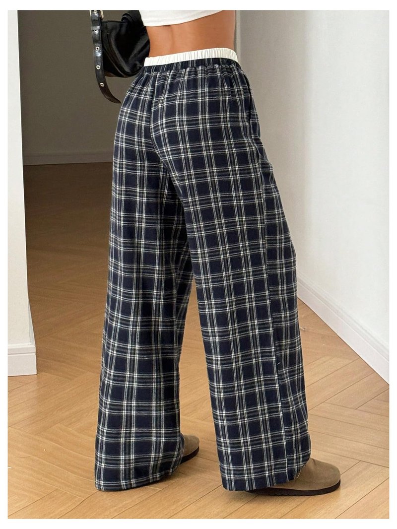 RoseSeek Girl's Plaid Wide Leg Track Pants Elastic Waist Baggy Long Trousers with Pockets Grey 12Y