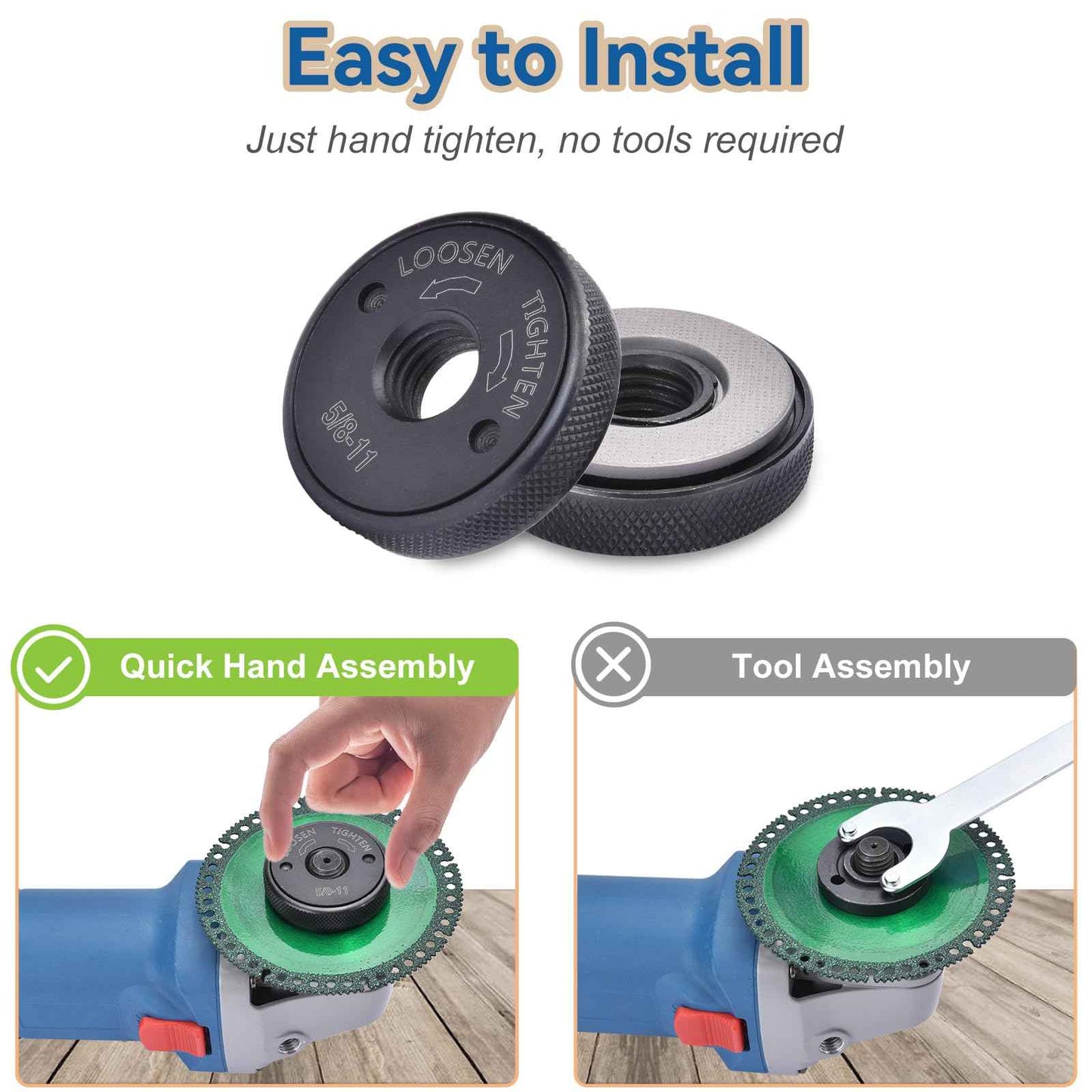 5/8-11 Thread Angle Grinder Flange Nut,2Pcs Grinder Nut for 4.5" and 5" Angle Grinder (No Wrench Required)