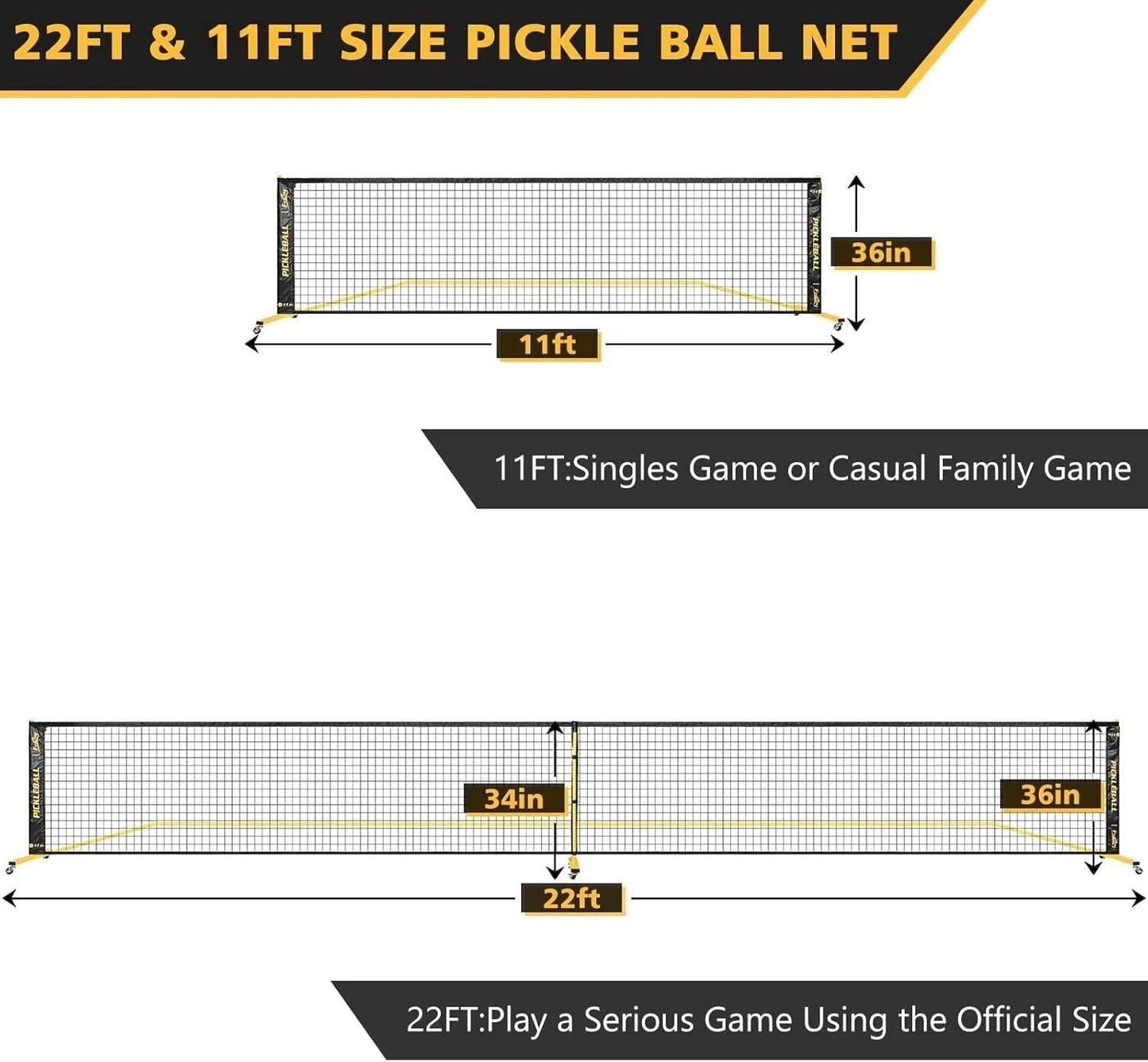 Portable Pickleball Net Set with Wheels, Regulation Size 22 FT & Half Court 11 FT, Steady Metal Frame Pickle Ball Net Set System with Carry Bag for Backyards, Driveways, and Garages