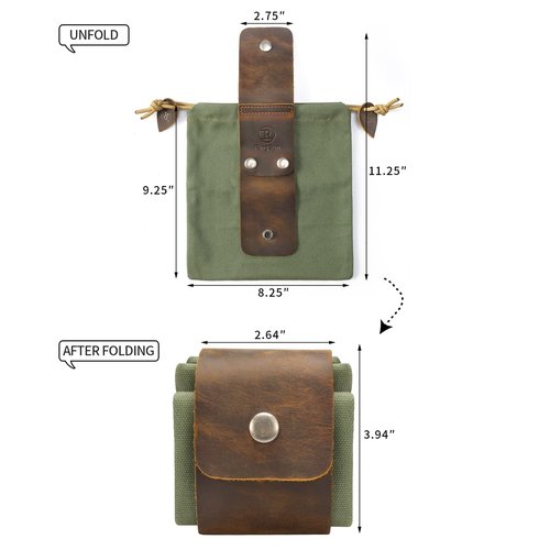 RingSun Waxed Canvas Mushroom Foraging Bag, Collapsible Outdoor Camping Foraging Pouch,Leather Bushcraft Belt Tinder Dump Pouchs