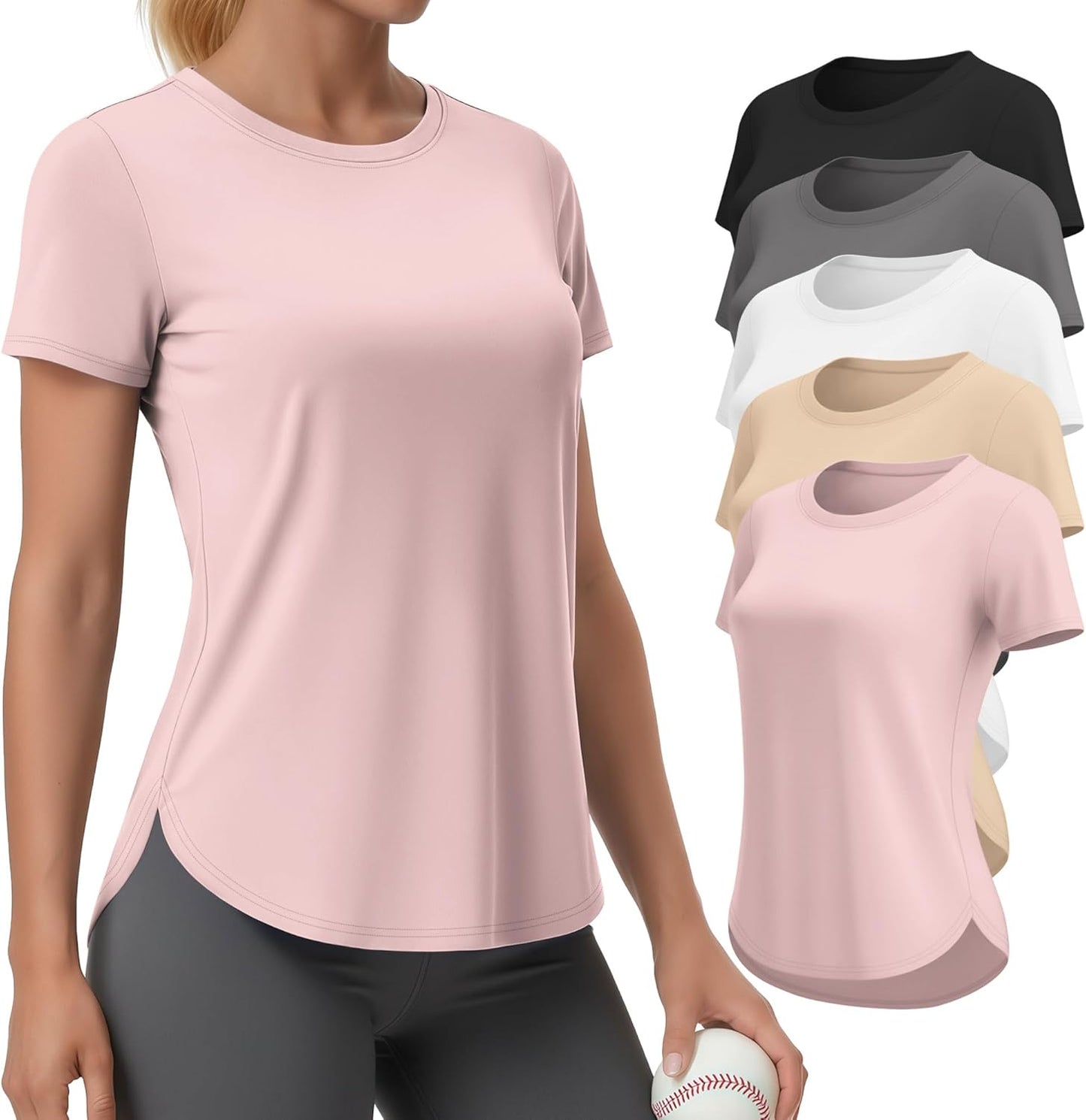 Skiennix Women's Athletic Workout Tops - Quick Dry UPF 50+ Crewneck Tees | 5 Pack with Side Slits