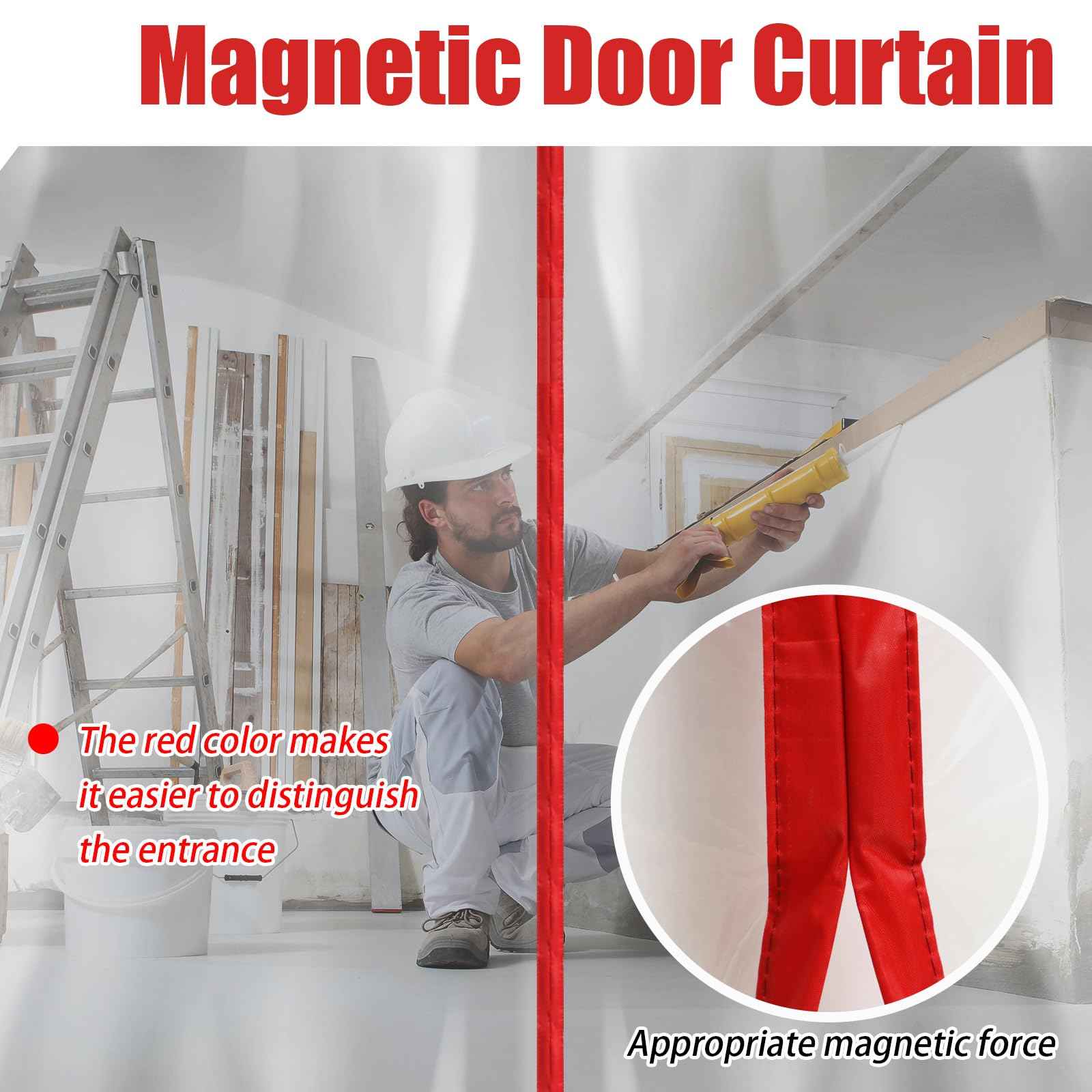 Preboun 1 Set Magnetic Dust Barrier Zipper Door Kit 4' x 7.5' Construction Barriers Dust Door Plastic Doorway for Construction Self Closing Curtain for Doorways Room (Red)