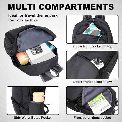 HOLYLUCK Lightweight 20L Packable Hiking Daypack | Foldable Backpack for Travel - Black