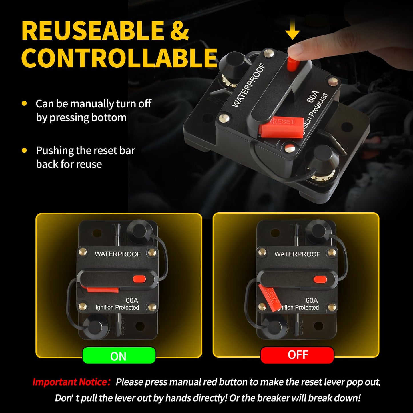 60Amp Circuit Breaker | DC 12V-48V for Marine, RV, Solar Systems - IP67 Waterproof, Manual Reset (Pack of 2)