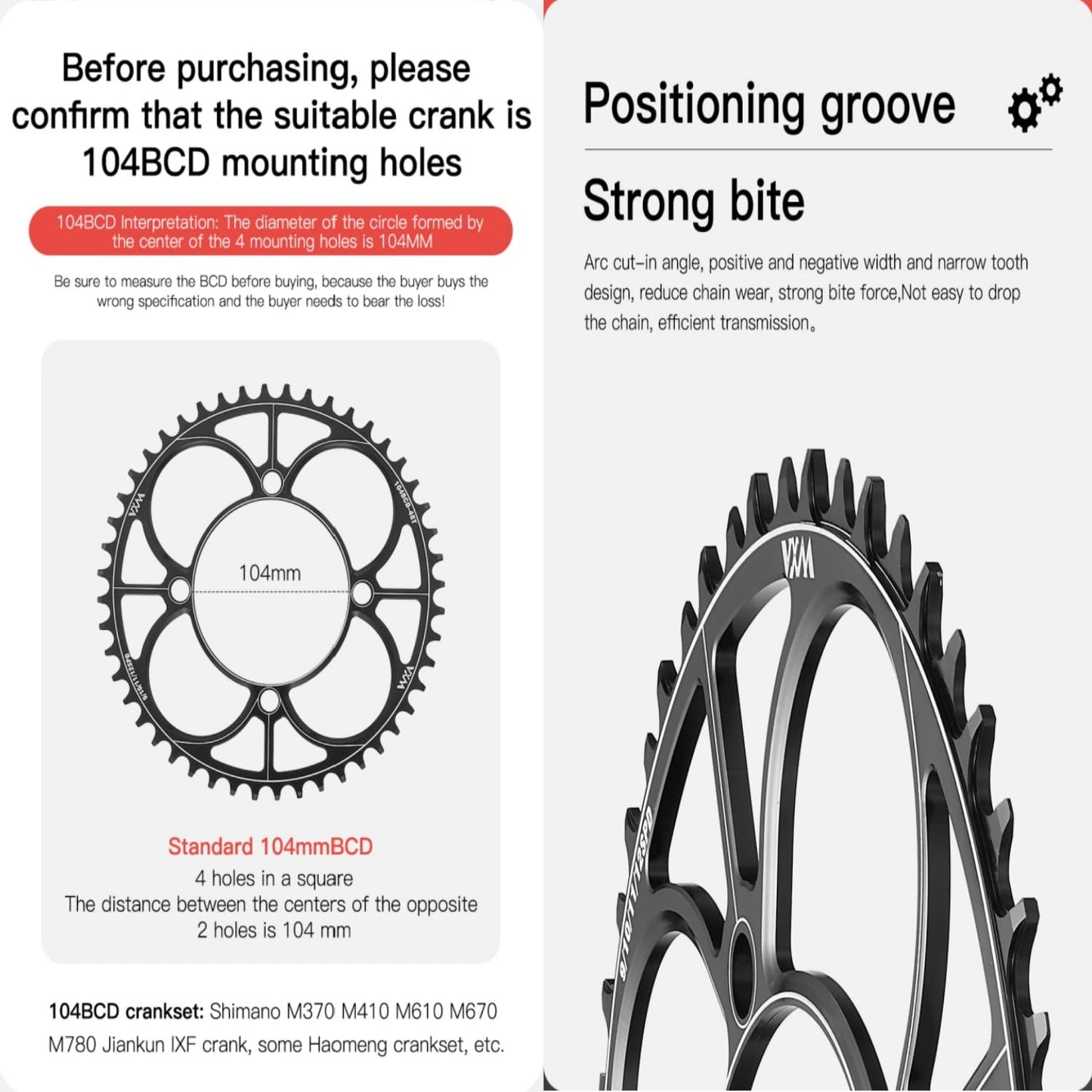 YBEKI 104BCD Chainring - CNC 7075-T6 Aluminum Narrow-Wide Round Chainwheel for MTB/Road Bikes (32-52T) | Compatible with Shimano/SRAM 8-11 Speed | Ultra-Light | Anti-Drop Design (Black, 48T)