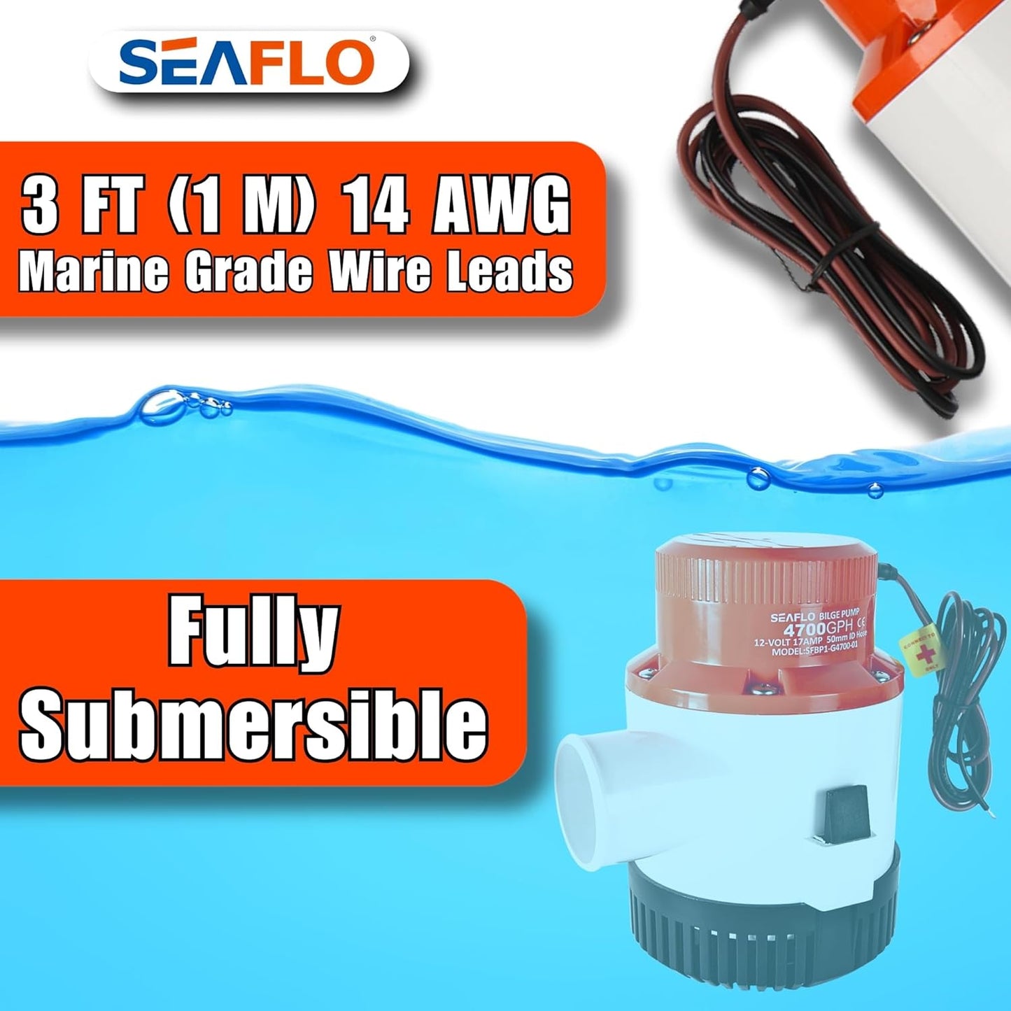 SEAFLO 01 Series 4700 GPH Bilge Pump - 12V Marine Submersible Pump with Anti-Airlock Protection & 4-Year Warranty