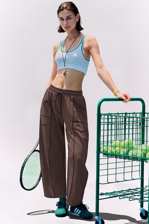Panadila Womens Barrel Pants Drawstring Wide Leg Sweatpants Baggy Summer Lounge Pants Casual Beach Trousers (Coffee Brown,L)