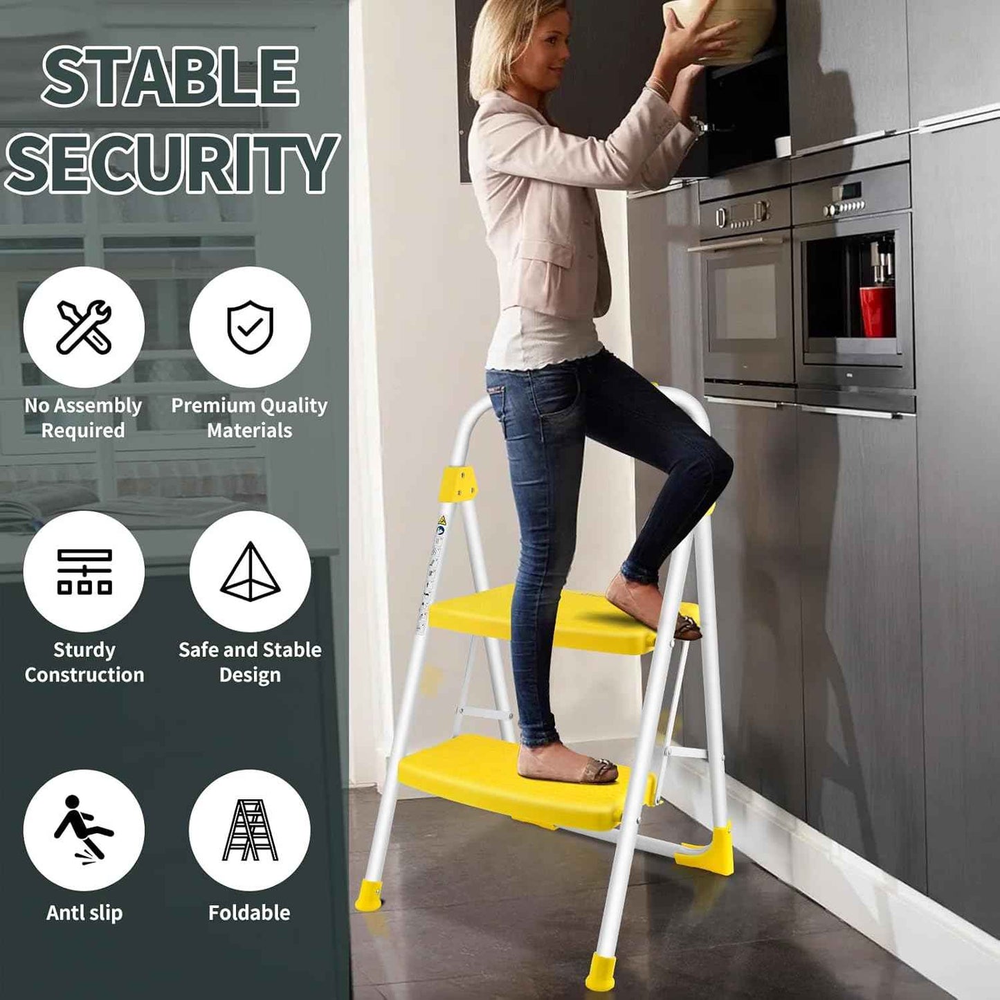 Portable 3-Step Folding Ladder - Sturdy Steel Step Stool with Anti-Slip Pedal & Handgrip, 500lbs Capacity for Home & Office