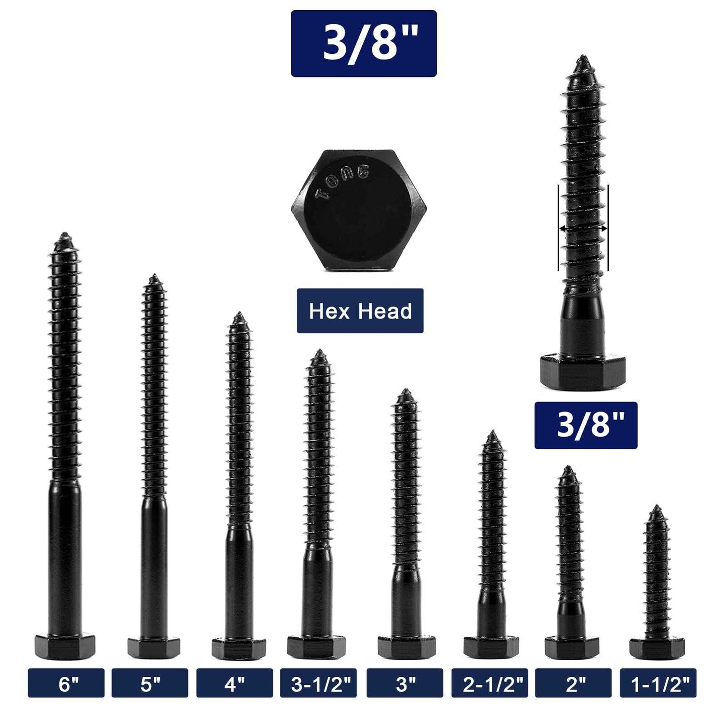 3/8" x 2" Hex Head Lag Screws Bolts 20Pcs 304 Stainless Steel 18-8, Partial Thread, Hexagon Head Wood Screws by Black Oxide by SG TZH
