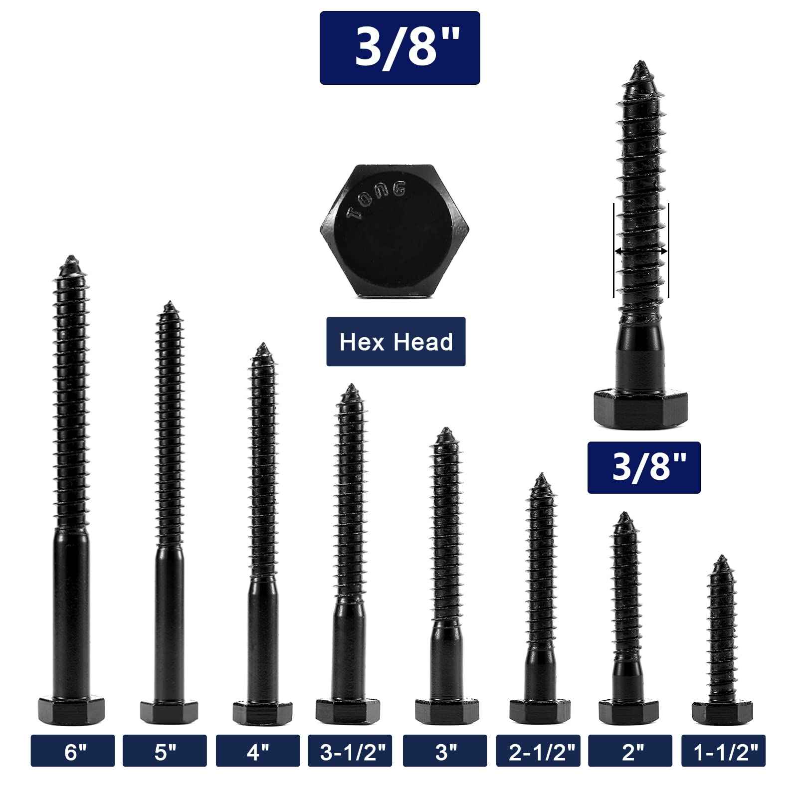3/8" x 2" Hex Head Lag Screws Bolts 20Pcs 304 Stainless Steel 18-8, Partial Thread, Hexagon Head Wood Screws by Black Oxide by SG TZH