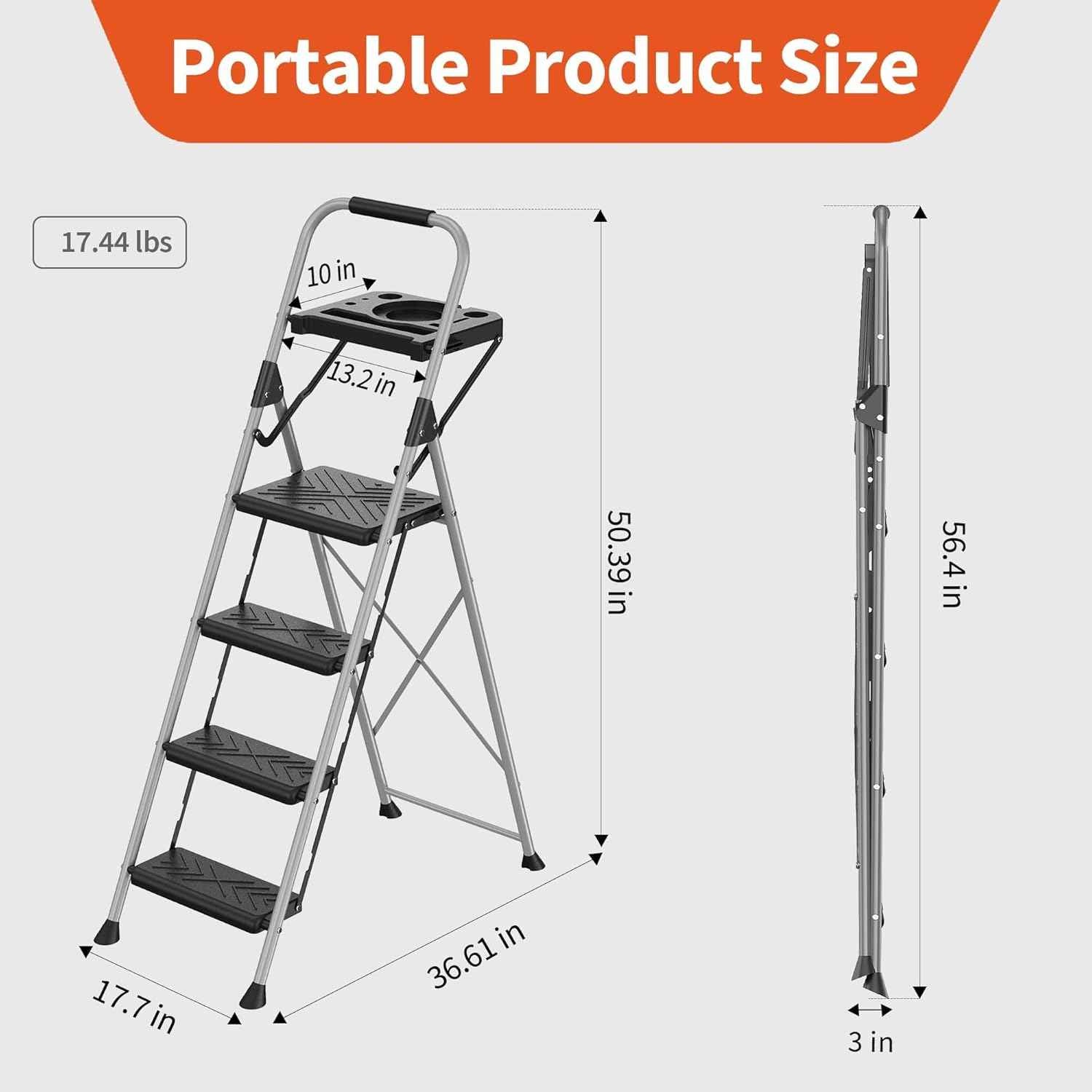 DIAMONDFORGE 4-Step Folding Ladder - Sturdy Steel Construction, Anti-Slip Pedals & Feet, Handgrip - Home Use, White & Red