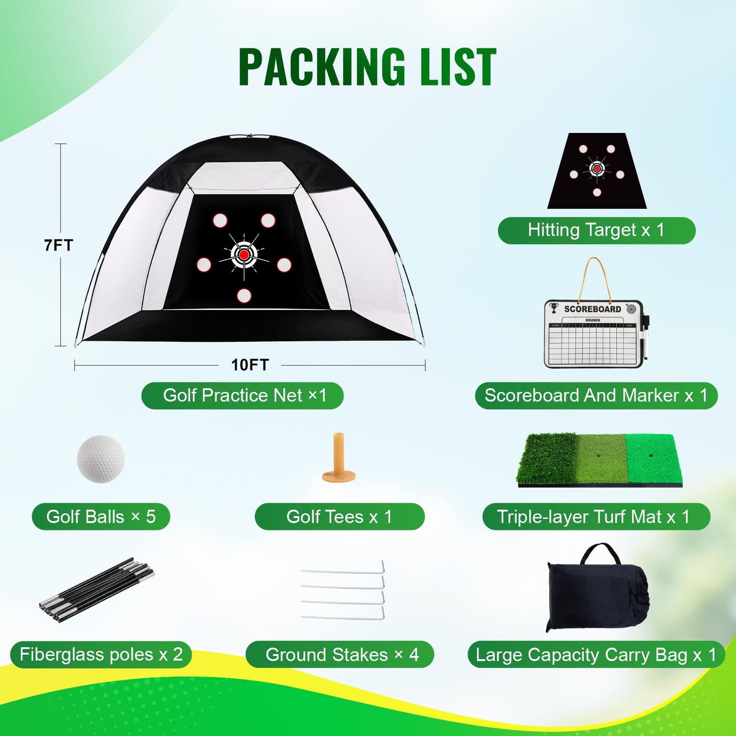 Golf Net 10x7ft, Golf Practice Net for Backyard with 5 Target Holes & Bullseye All-in-One Golf Hitting Net Kit with 3-Turf Mat for Indoor/Outdoor Swing & Chipping Training (10x7ft)