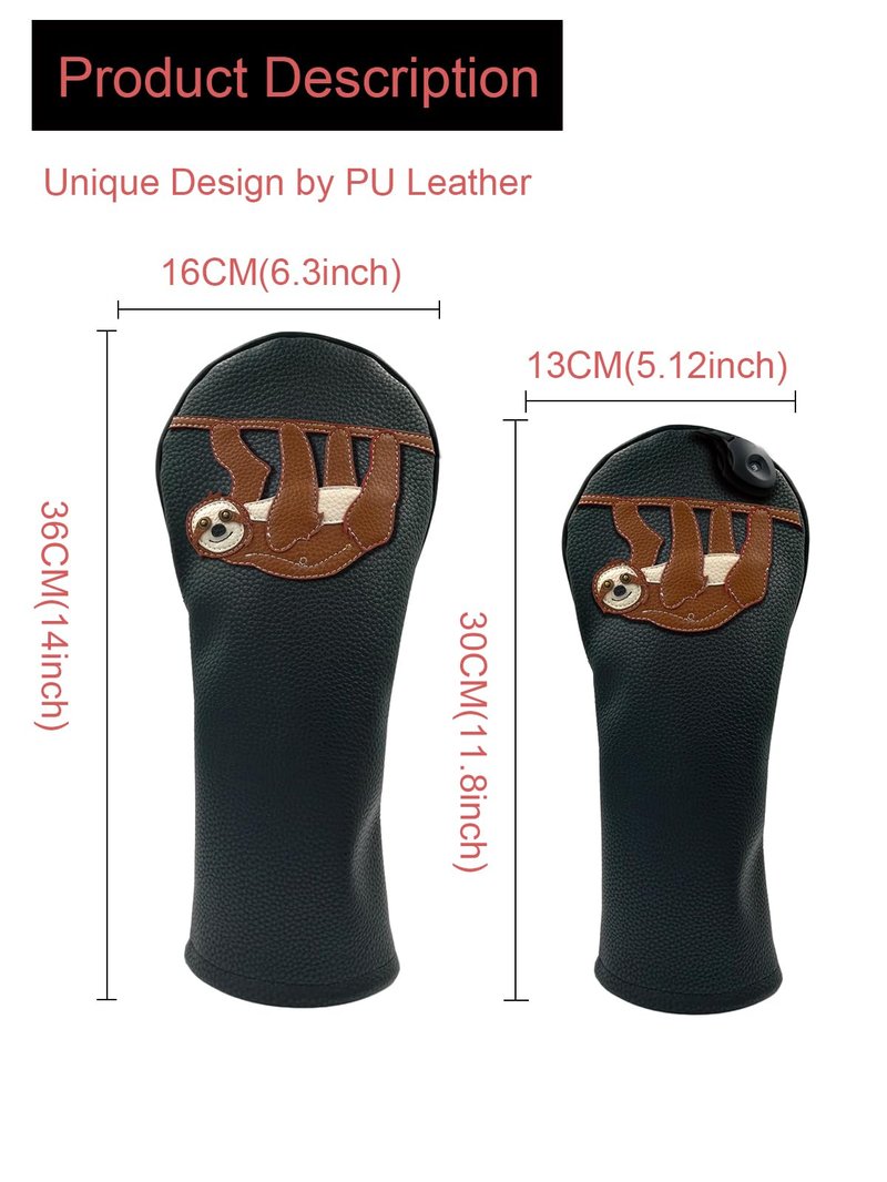 Sloth PU Leather Golf Club Covers Driver Headcovers Fairway Woods Hybrid Protector with Interchangeable Number Tag
