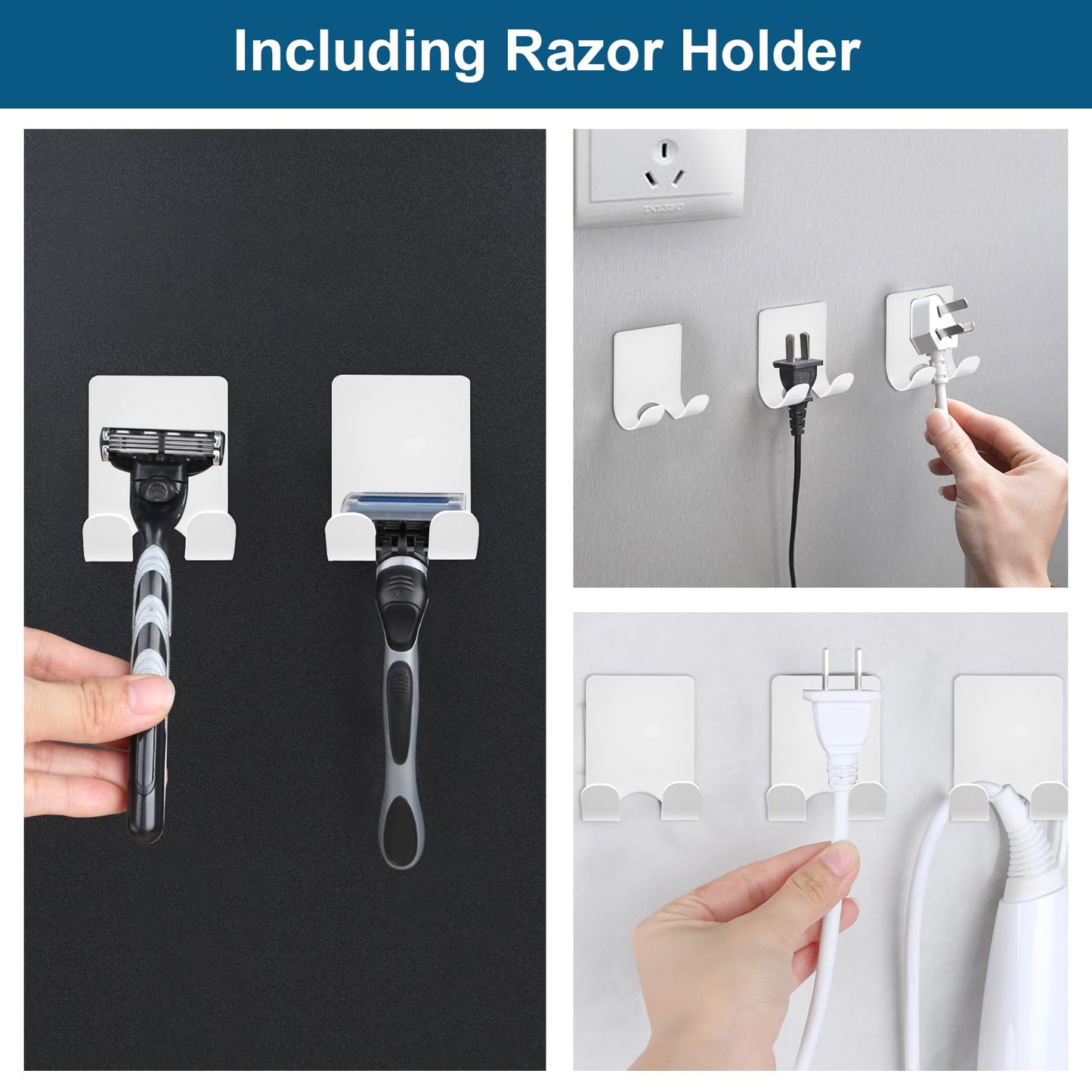 Diesisa Razor Holder for Shower + Adhesive Wall Hooks, Premium 304 Stainless Steel Shower Razor Holder with Heavy Duty Waterproof Sticky Hooks for Hanging Towels, Coat, hat (2+2 Pack)-White