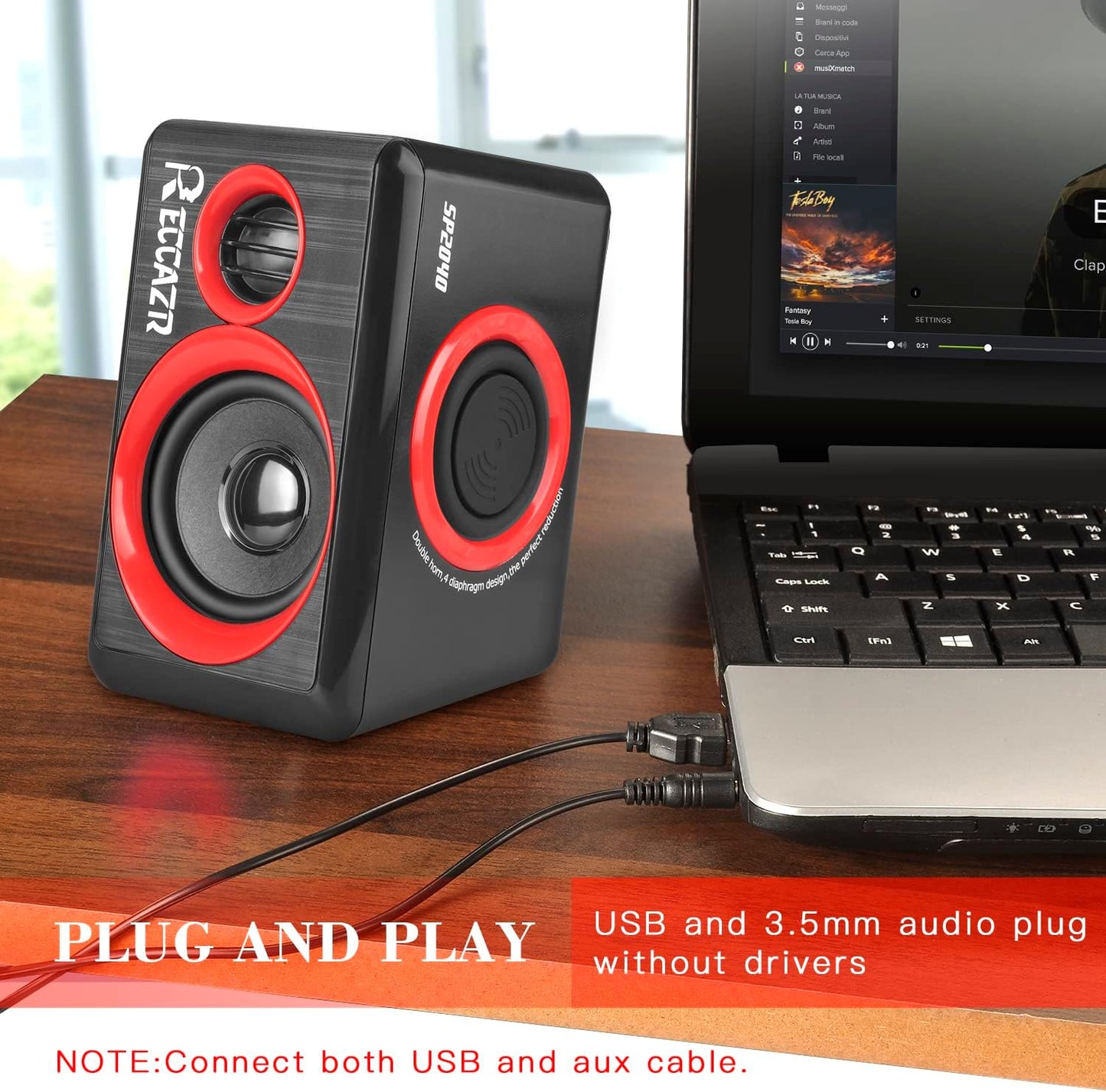 Reccazr SP2040 | 2.0 CH Computer Speakers with Surround Sound & Deep Bass - USB Wired, Red