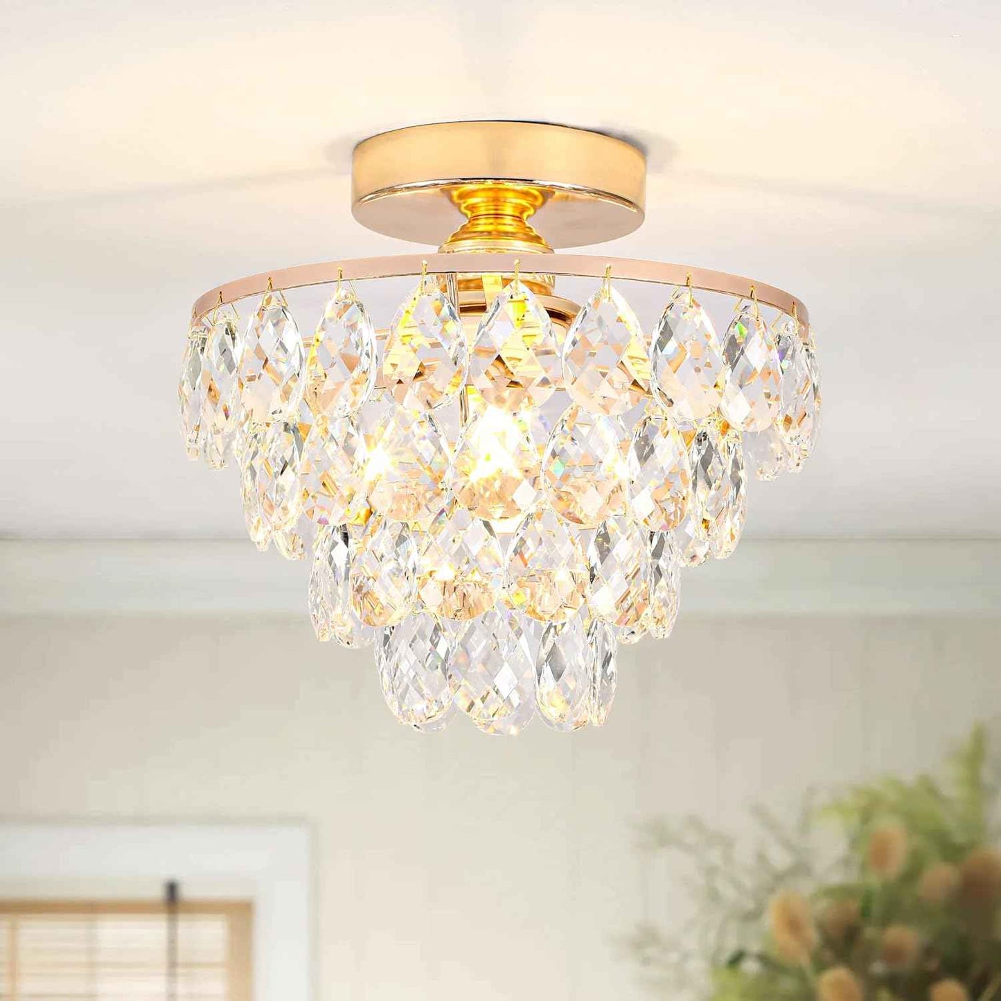 Gold Crystal Mini Chandelier - Modern Flush Mount Ceiling Light for Hallway & Bedroom