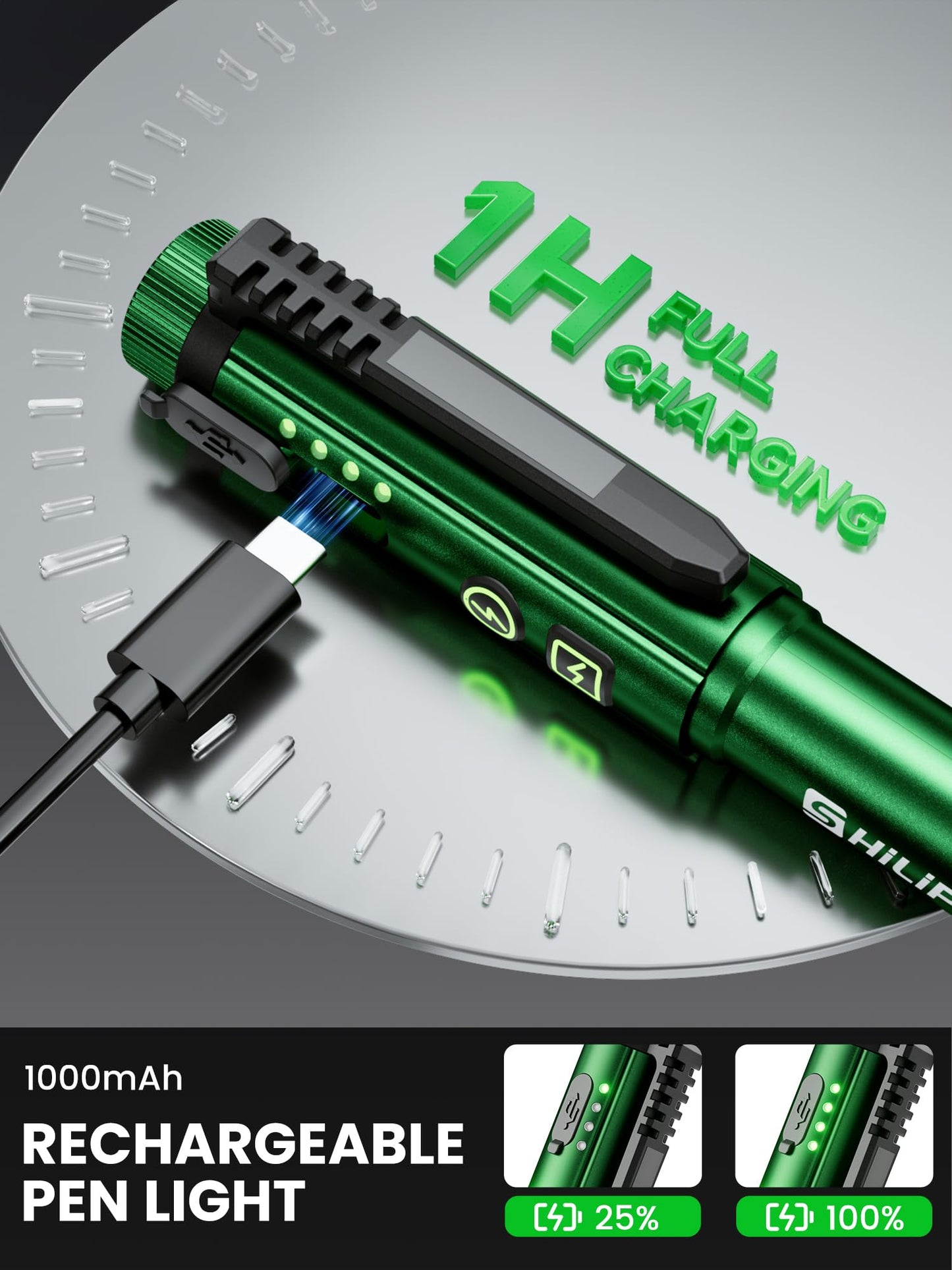 SHiLiPAi Penlight Flashlight, Rechargeable Work Light 600 Lumens COB LED Pen Light with Magnetic Clip, 8 Modes Pocket Flashlight for Nurse, Emergency, EDC (Green)