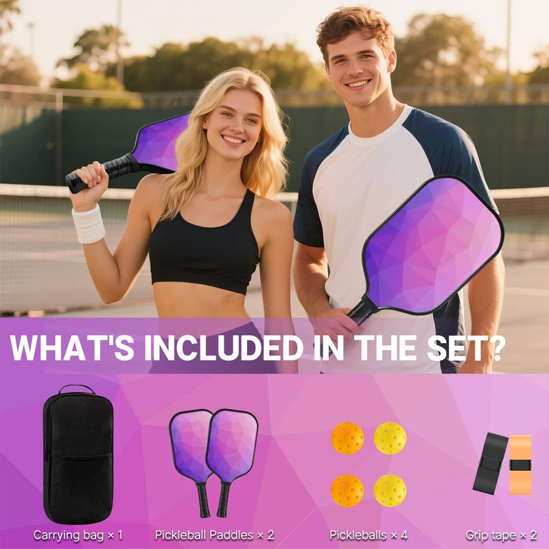 Ragebby Pickleball Paddles Set of 2 Lightweight Pickleball Rackets, Fiberglass Surface, 4 Balls, 1 Bag, 2 Grip Tape, Pickleball Paddles Set for Men, Women