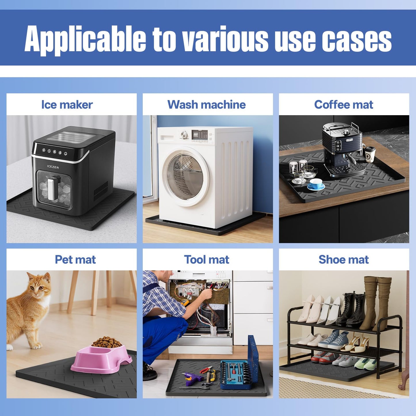 Water Cooler Mat – 19.7" x 19.7" Silicone Water Dispenser Mat for Floor & Countertop, Spill-Proof & Waterproof Tray for Coffee Maker, Kitchen, Pets, Office Use (Black, 19.7' * 19.7')