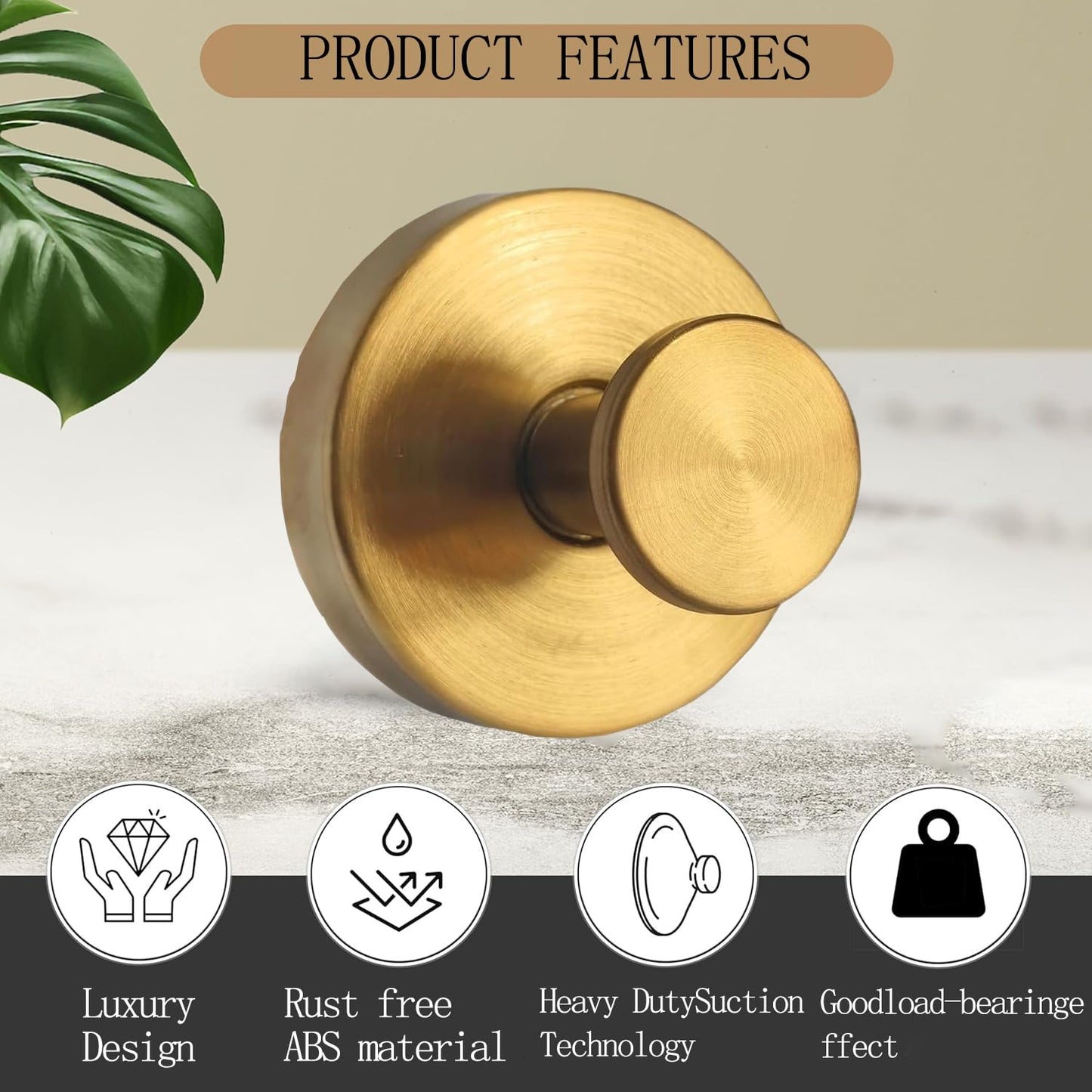 Suction Cup Hooks for Wreaths, 2025 New No Drill Suction Cup Hooks for Shower Hanging Towels, Wreath Hanger for Front Door, Holder for Glass Window Door Bathroom Mirrors (2pcs, Gold)