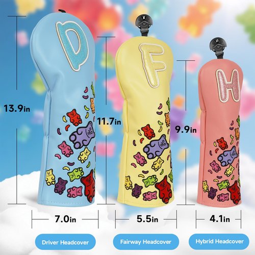Golf Club Covers for Woods and Driver, Gummy Bears Pattern Headcover, Golf Headcovers for Kids Youth Girls Boys (for Hybrid)