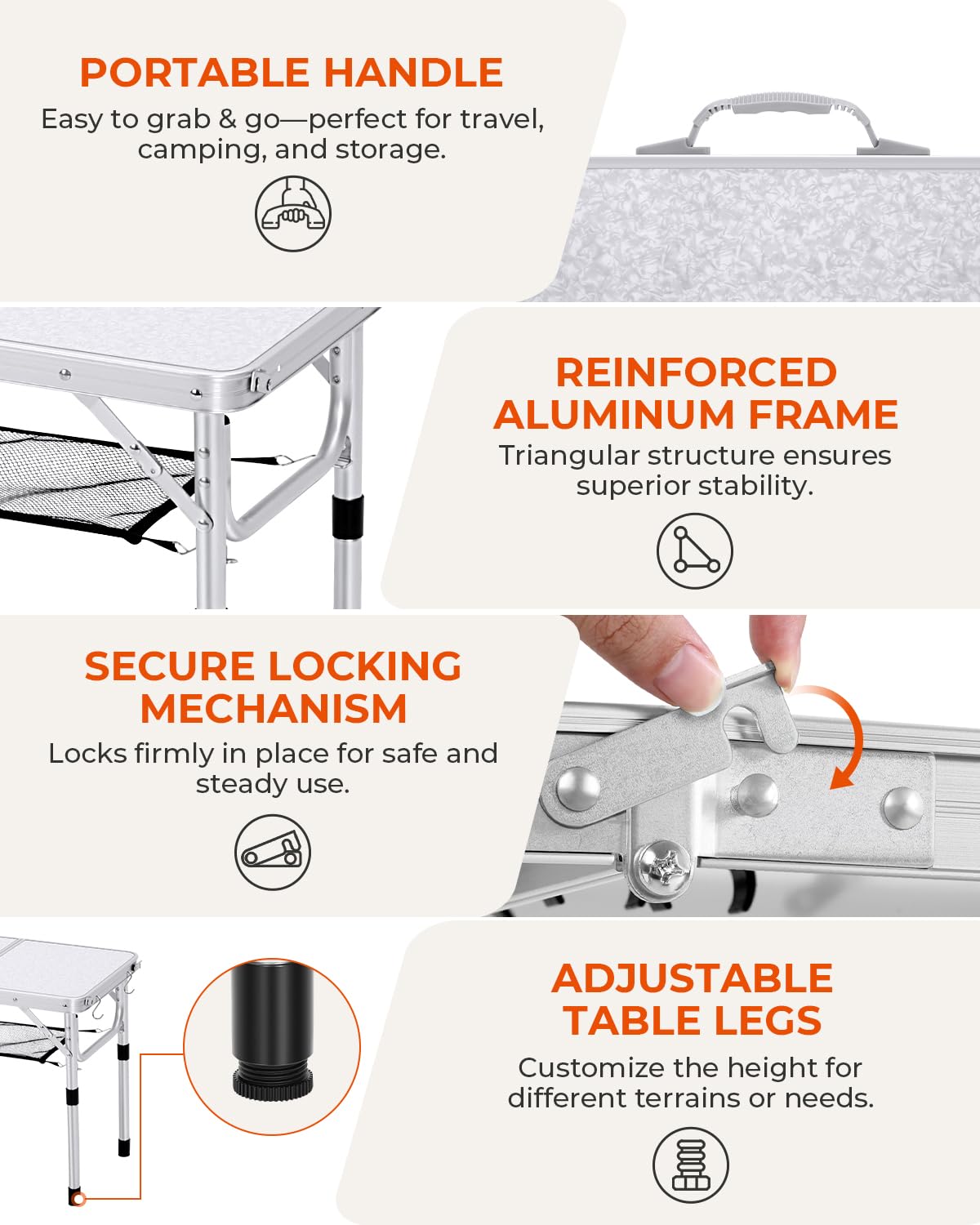 Sportneer Camping Table: Adjustable Height Small Folding Table 23.6" L x 15.7" W 2 Height with Mesh Layer - Compact & Portable Camping Essentials for Outdoor Camp Garden Picnic BBQ Dining Cooking
