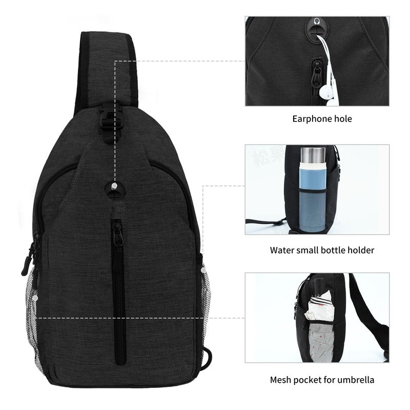 Monoki Sling-Bag Crossbody-Bag Women-Men Backpack-Daypack - Hiking Chest Travel with Water Bottle Pocket Adjustable Strap Multiple Layers Black
