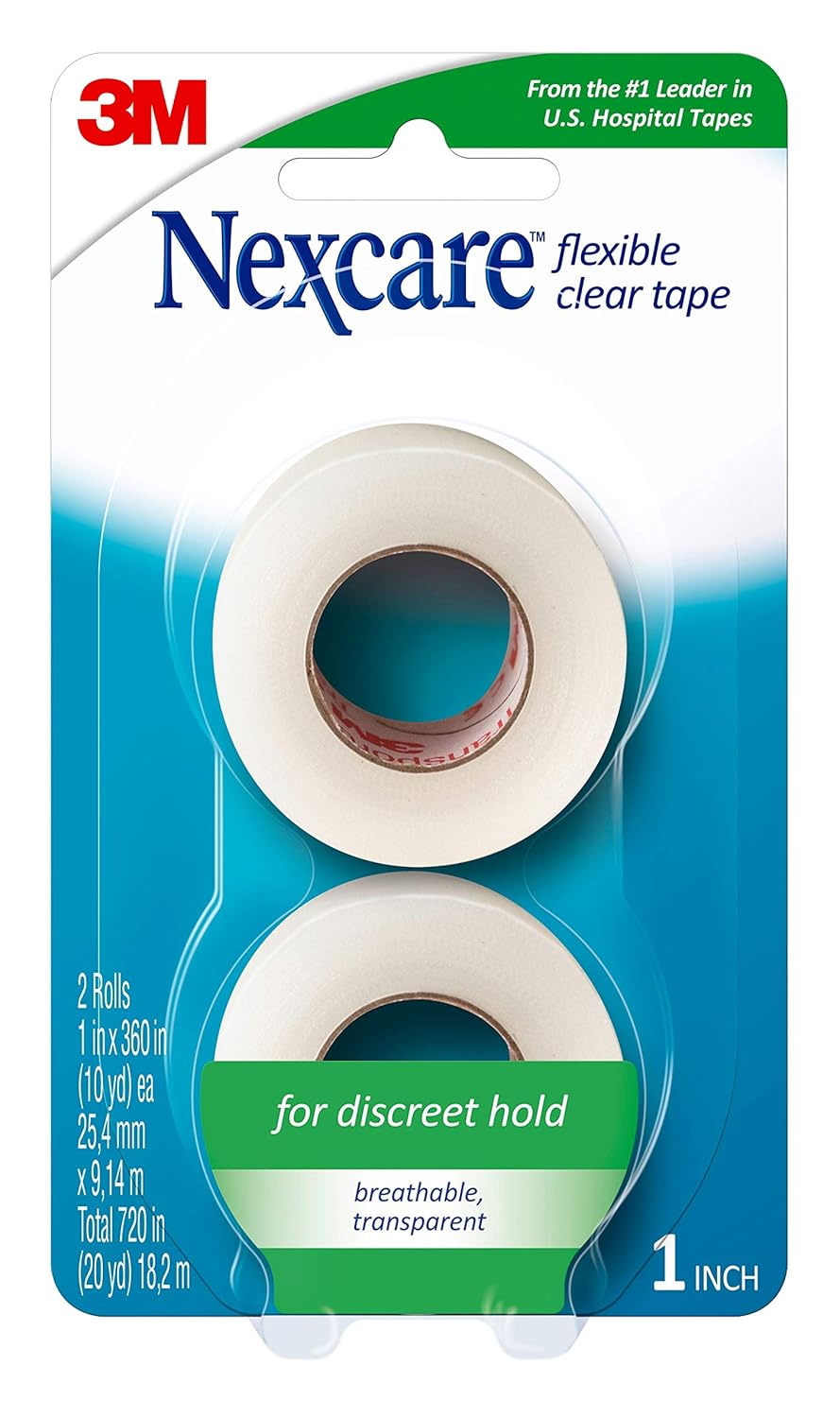 Nexcare Flexible Clear Tape - Waterproof Medical Tape for Dressings & Catheters | 1 In x 10 Yds, 2 Rolls