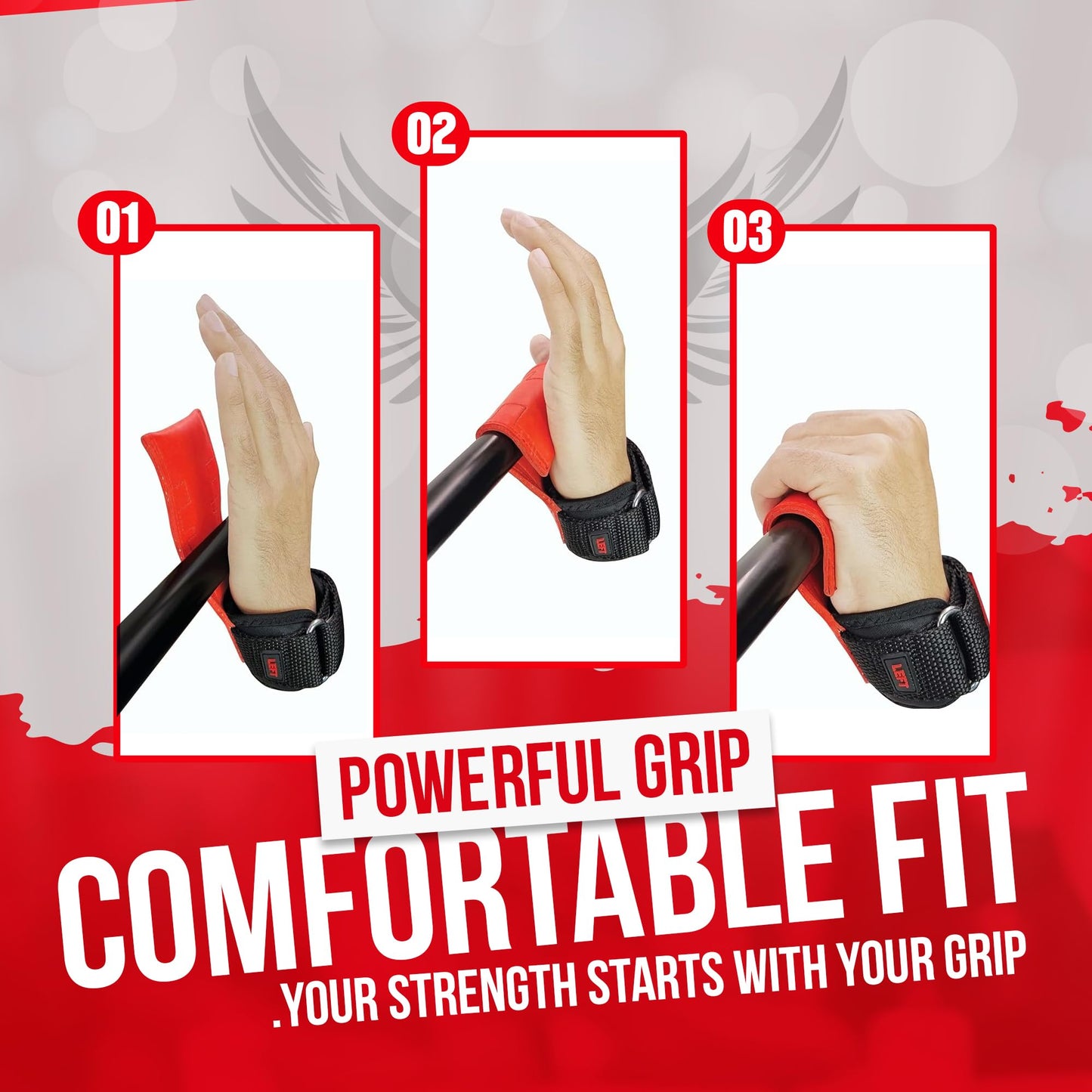 QTF Weight Lifting Grips (Pair) for Heavy Powerlifting, Wrist Straps for Deadlifts, Rows, Pull Ups, with Neoprene Padded Wrist Wraps Support and Strong Rubber Gloves or Straps for Bodybuilding. (Black, L)