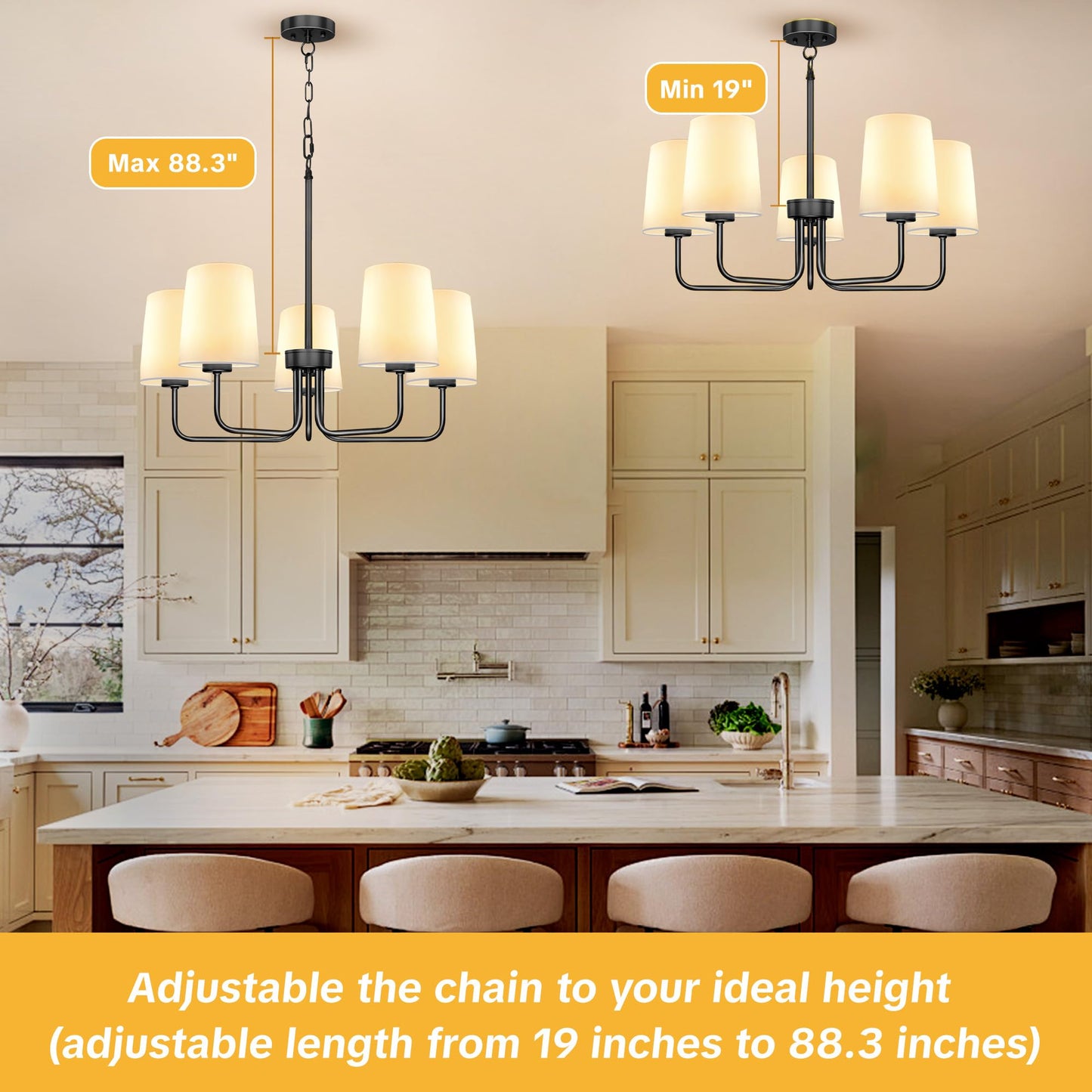 Laiebri Farmhouse Chandelier, 5-Light Black Chandelier with White Fabric Shade, Height Adjustable Modern Dining Room Light Fixture with E26 Base for Bedroom Foyer Hallway Entryway Kitchen Living Room