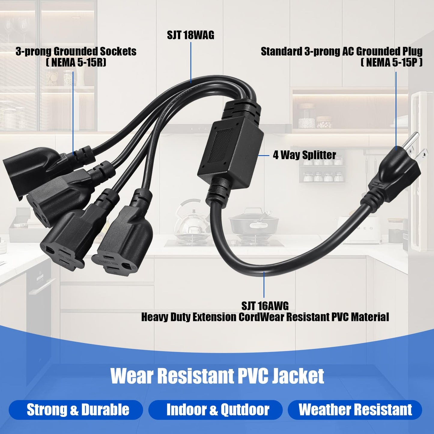 VSEER 4 Outlet Power Cord, NEMA 5-15P to 5-15R 3 Prong 1 to 4 Y Splitter US AC Male and Female Power Cable SJT 16AWG Outlet Saver, 4 Way Extension Cord Splitter Black, 20 Inch (1 Pack)