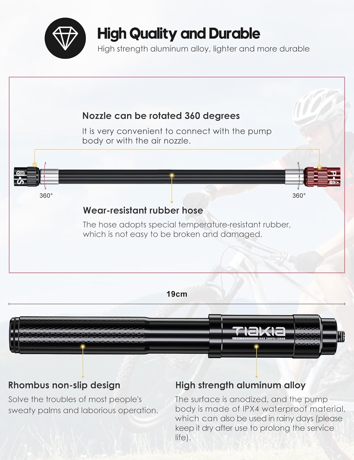 Tiakia Mini Bike Pump - Portable 260PSI High Pressure Frame Pump for Presta & Schrader Valves | Aluminum Alloy Tire Pump for Road & Mountain Bikes