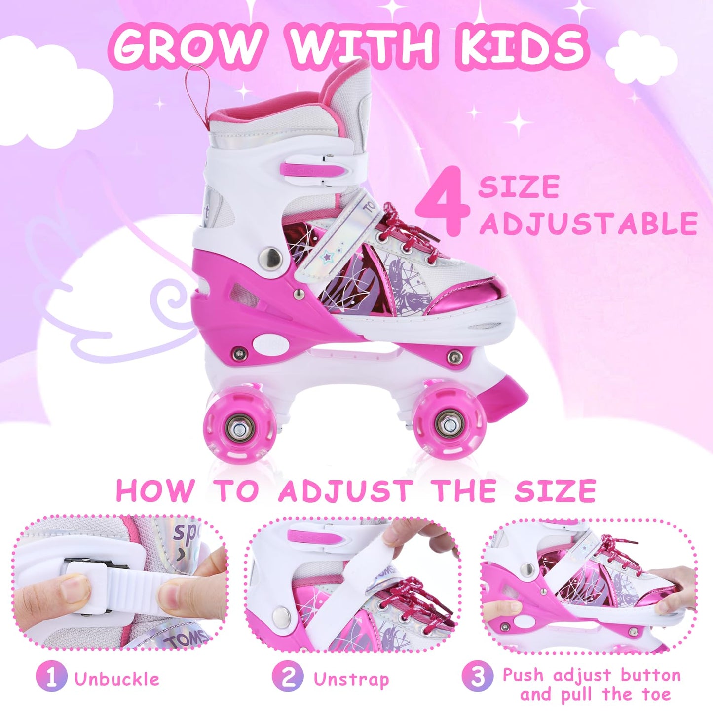 TOMSHOO Roller Skates for Girls Boys Kids 4 Sizes Adjustable Rollerskates with Light up Wheels Ages 3-5 5-8 6-12 Skating Shoes for Indoor Outdoor (Pink, Small)