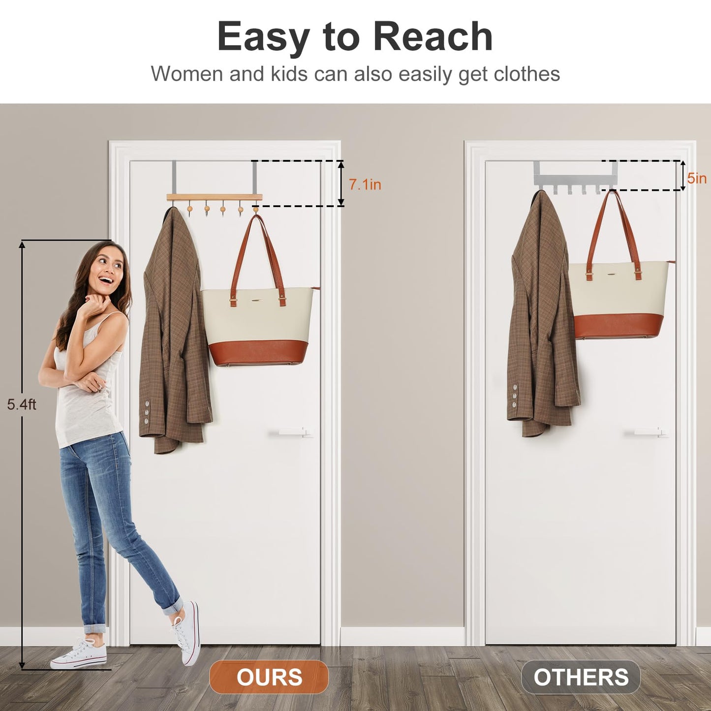 TOPIA HANGER Over The Door Hooks for Hanging, Towel Hooks Towel Racks for Bathroom, Coat Hooks Coat Rack Over The Door Organizer Hanging, Wooden Door Hangers for Coat Towel Hat Purse CT71N