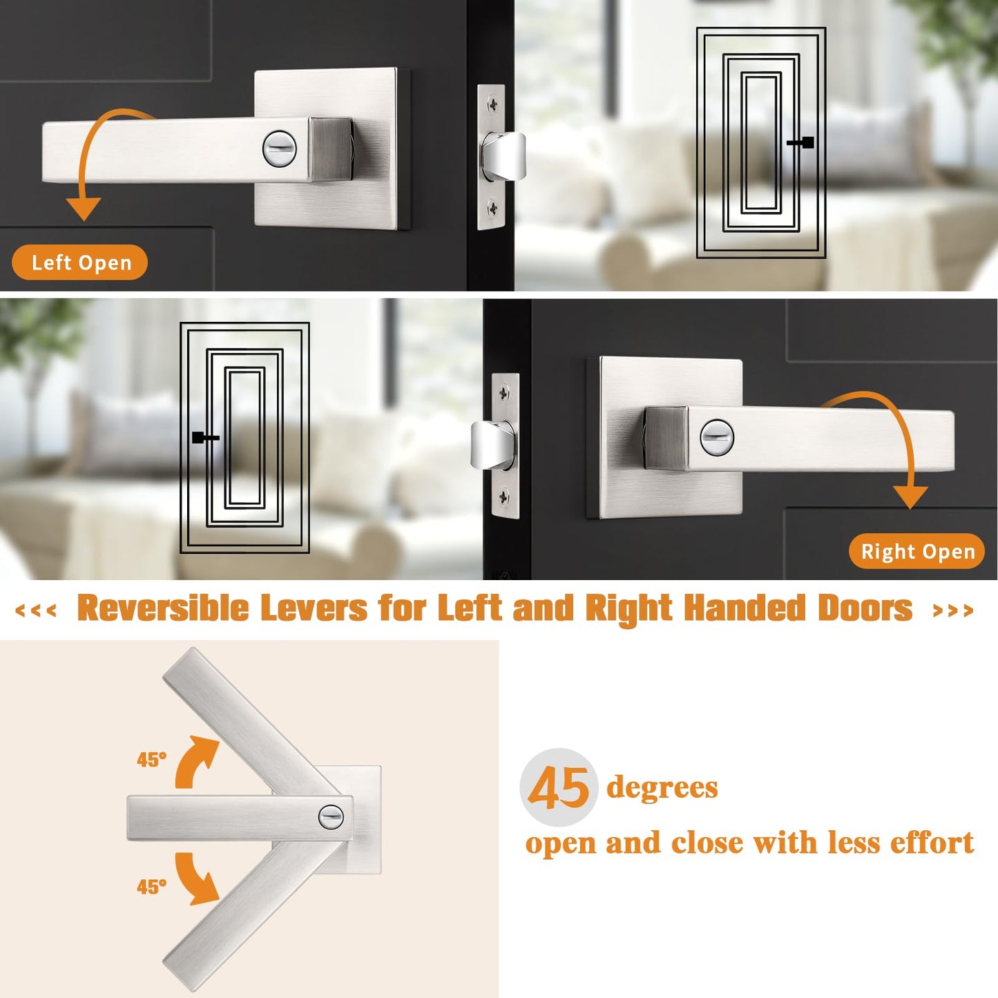 Probrico Interior Brushed Nickel Door Handle, Heavy Duty, Flat Square Privacy Door Handles, Keyless Door Levers Lockset for Bedroom and Bathroom (4 Pack, Modern)
