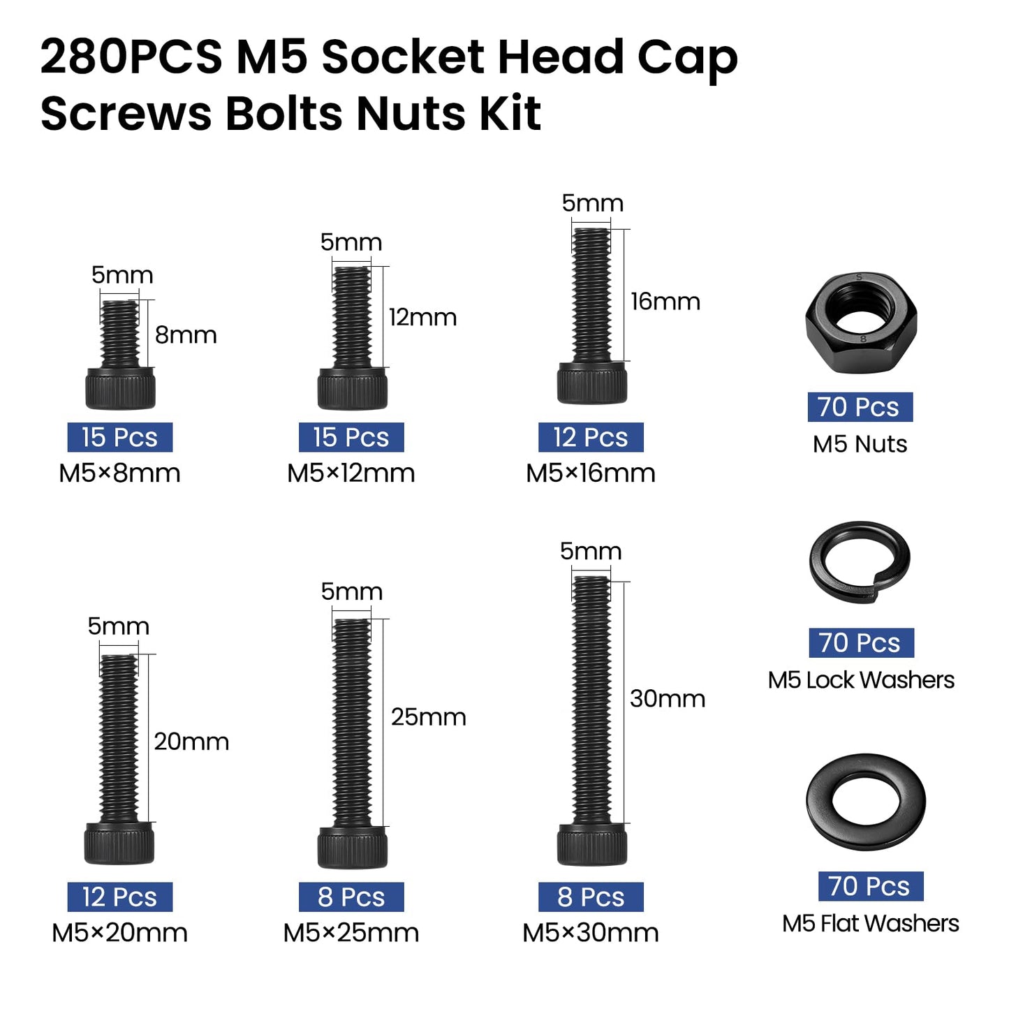 BNUOK 280 PCS M5 Screws Assortment Kit, 12.9 Grade Alloy Steel M5 Bolts Kit, M5x 8/12/16/20/25/30mm, Hex Socket Head Cap Screws Bolts Nuts Washers Set