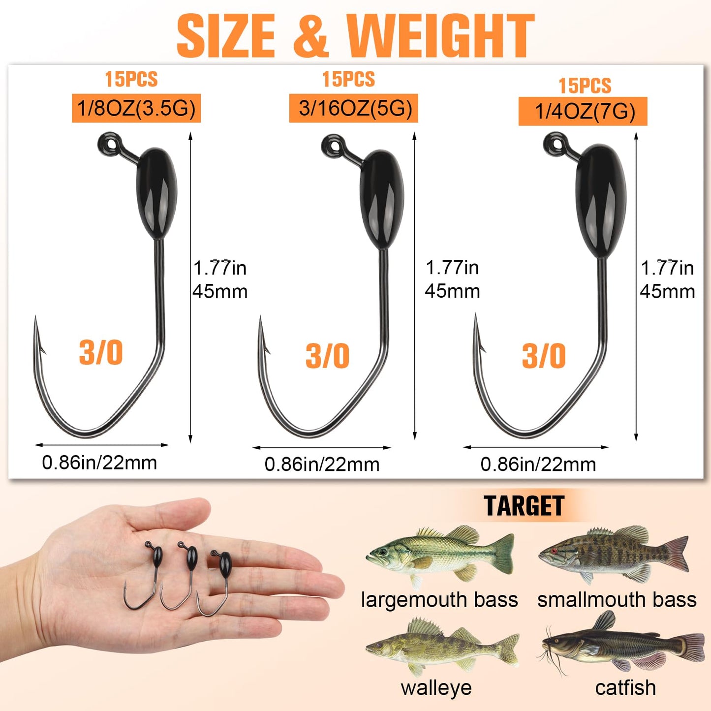 Tube Jig Heds, 15pcs Tube Bait Fishing Jigs 3X Strong 3/0 Bass Hooks for Crappie, Trout, Bass Fishing 1/8oz Tube Jigs Kit for Freshwater Saltwater